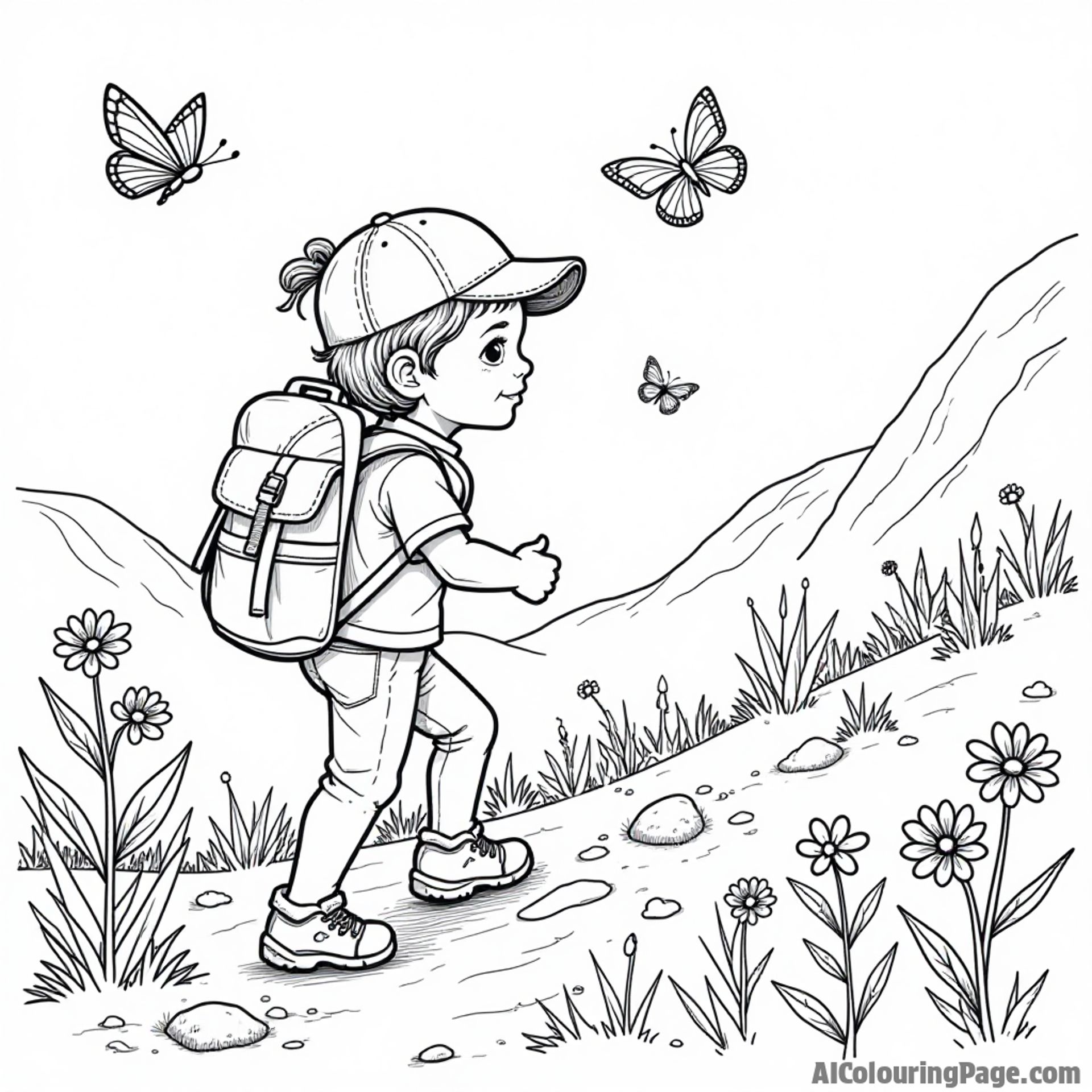 An adventurous child hiking along a scenic trail with a backpack, wildflowers, and butterflies fluttering in the air.