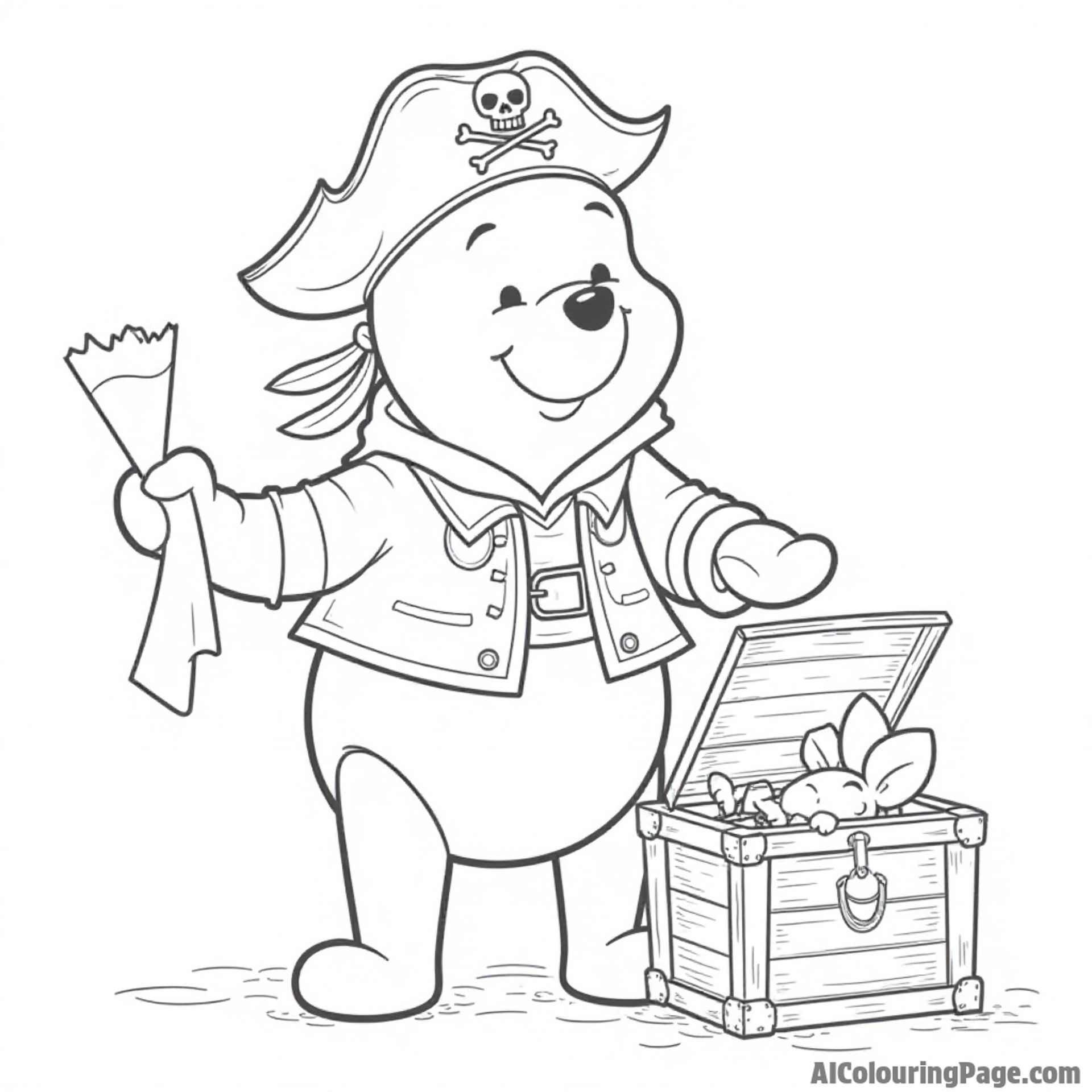 Winnie the Pooh dressed as a pirate, holding a treasure map, with Piglet peeking from behind a treasure chest.