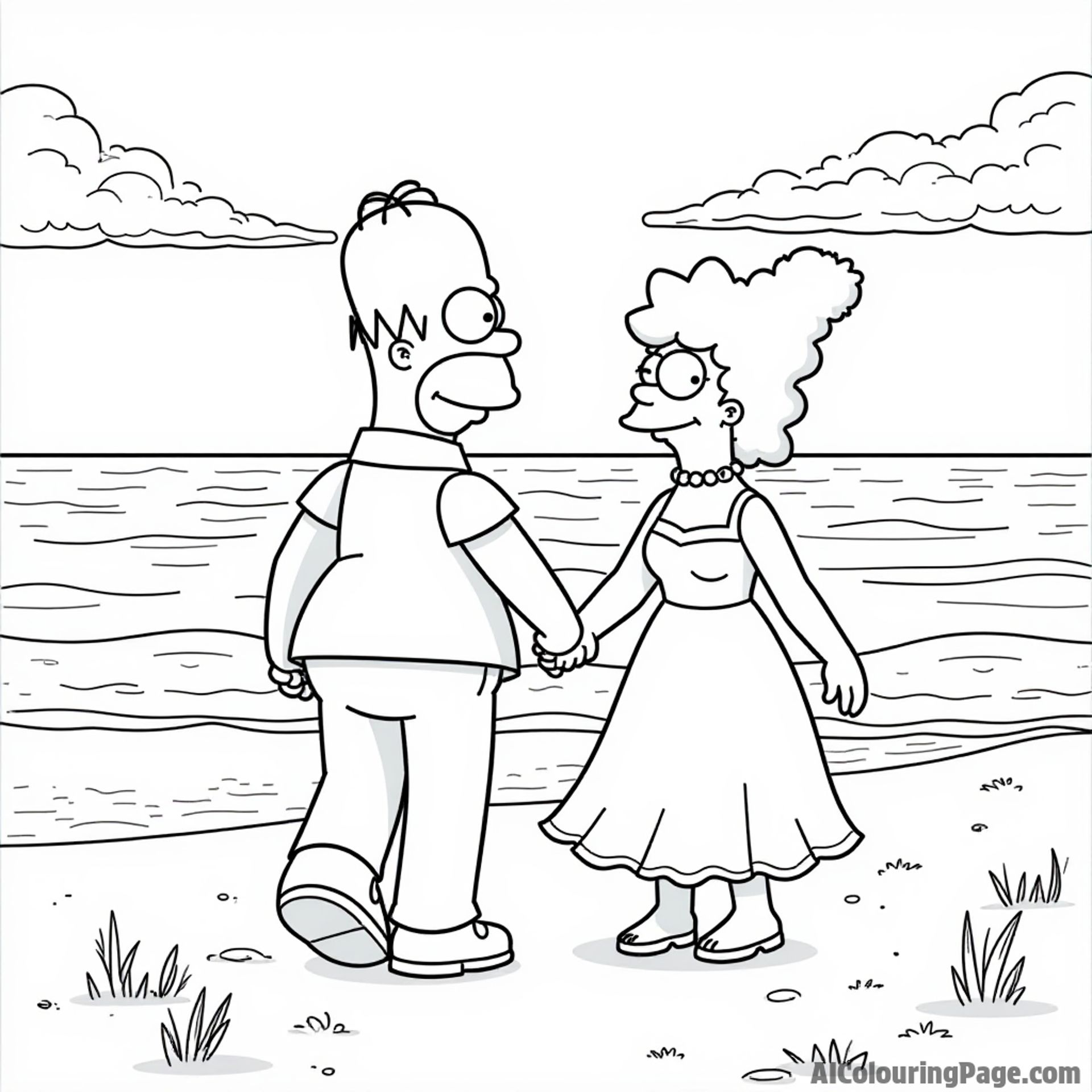 Homer and Marge taking a romantic stroll on the beach, holding hands with a sunset in the background.