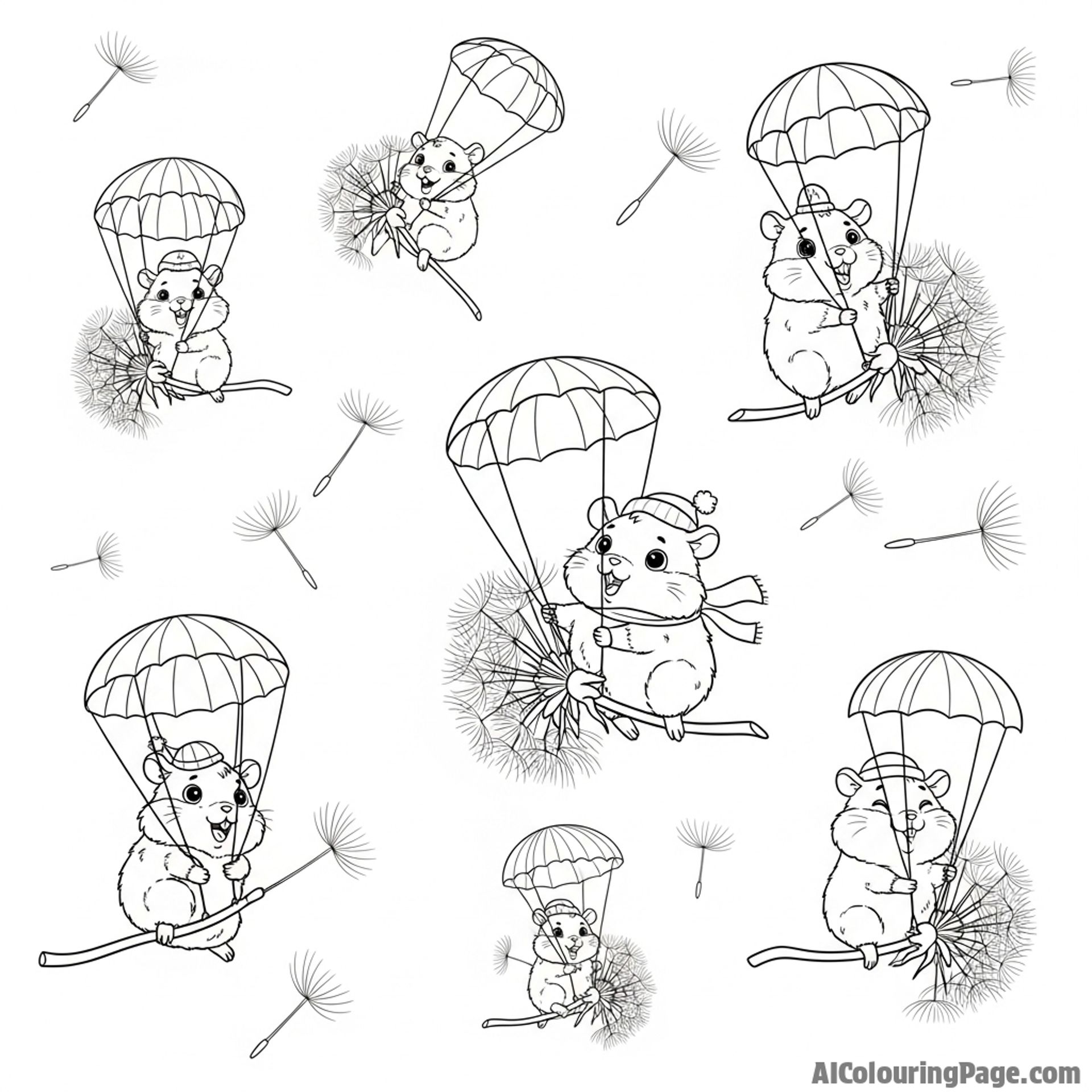 A whimsical scene of hamsters floating through the air on dandelion seeds
