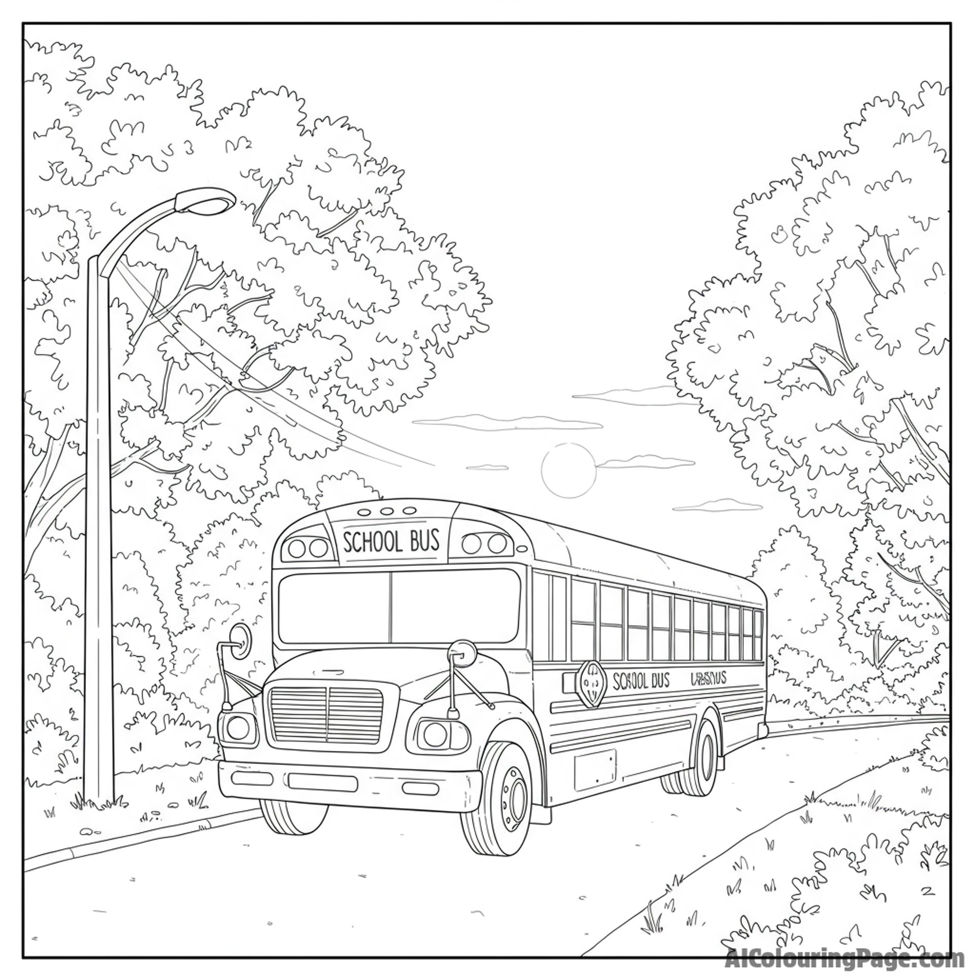 A school bus winding down a quiet, tree-lined street at dawn.