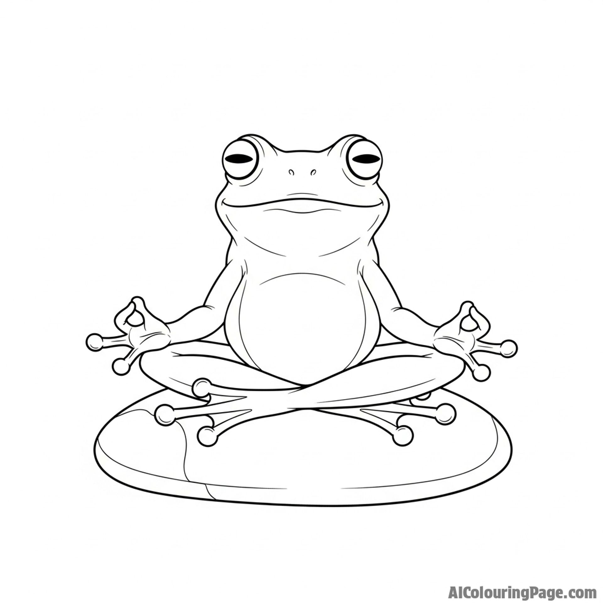 A frog meditating in a lotus position on a smooth river stone.