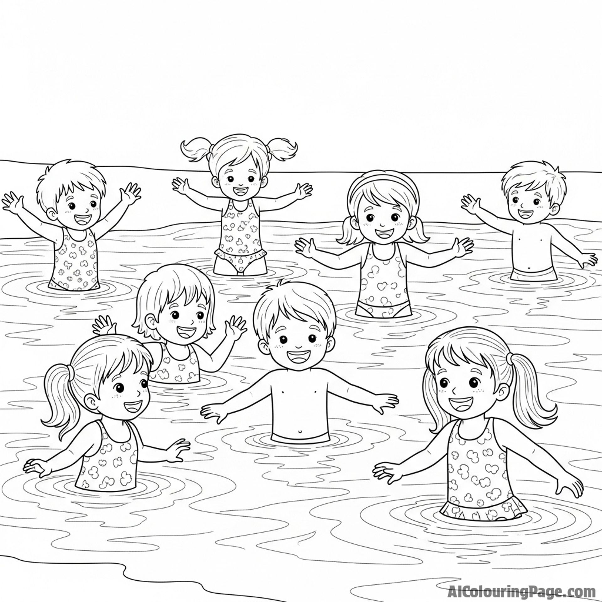 Children playing in the shallow waters of a lagoon.