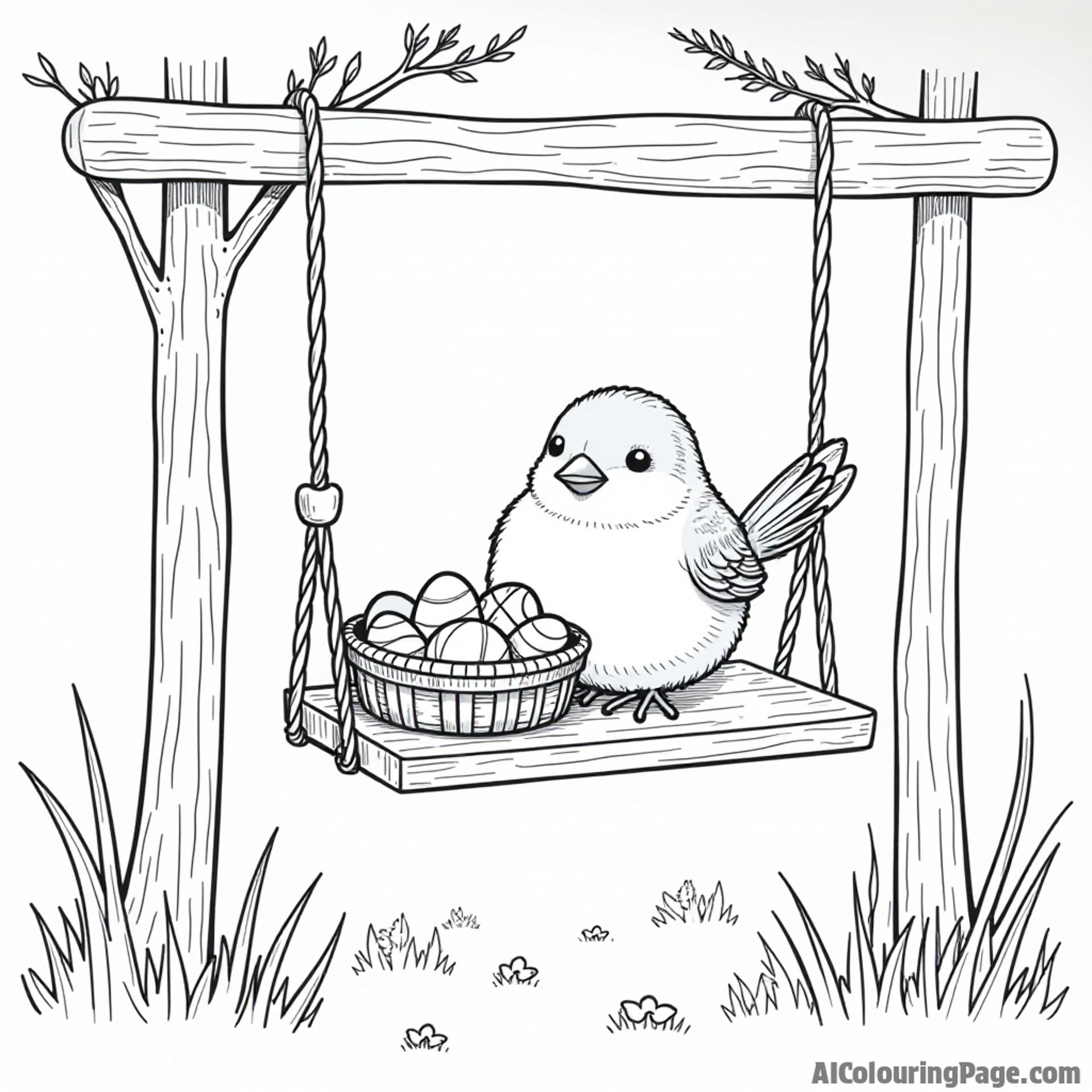 A robin resting on a swing with a basket of colorful eggs, celebrating springtime, perfect for a joyful coloring page.
