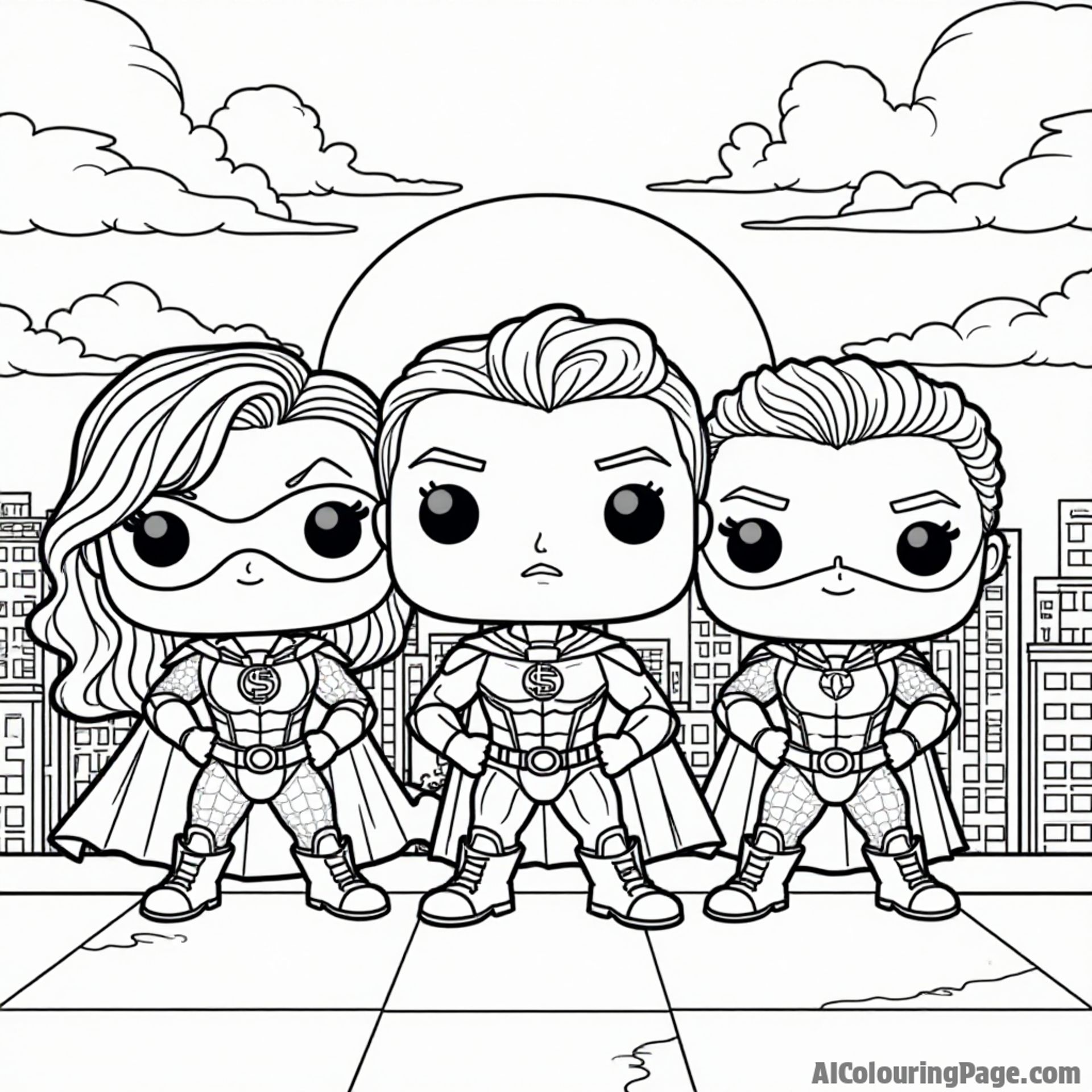 A Funko Pop superhero team posing heroically on a rooftop, with city buildings and a colorful sunset in the background, inviting kids to add their favorite colors to this action-packed scene.