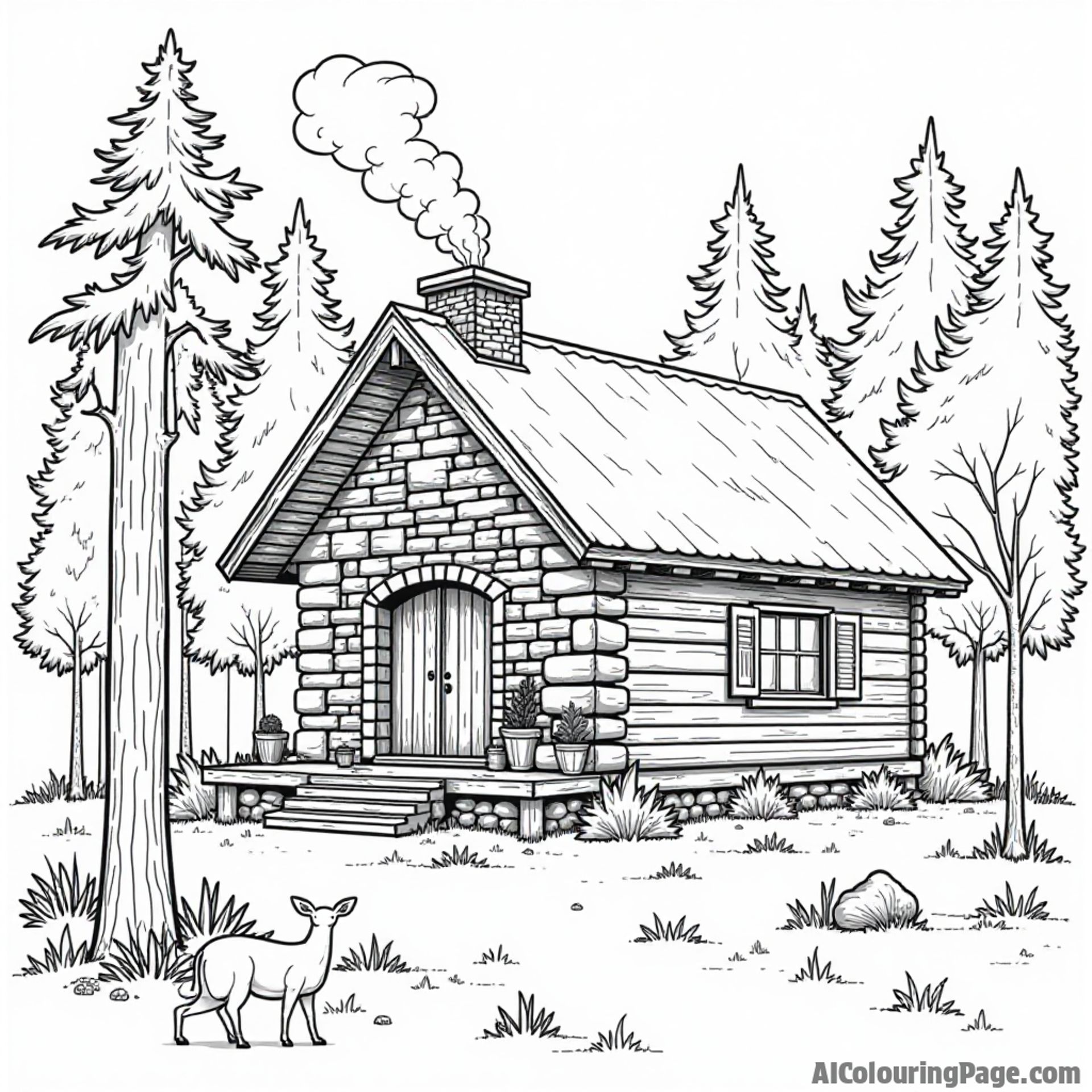 A cozy Minnesota cabin in the woods featuring a stone fireplace, smoke rising from the chimney, and surrounding wildlife.