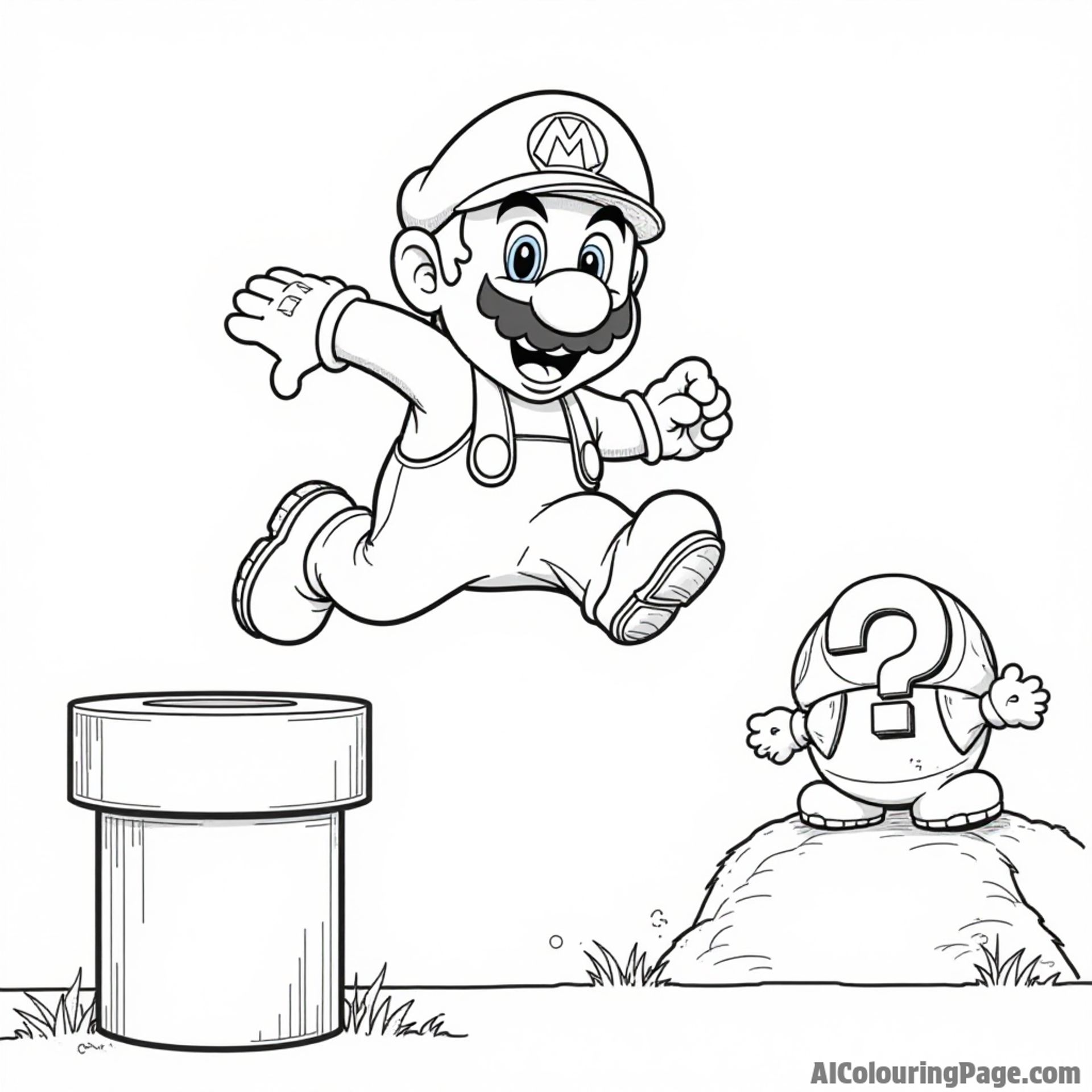 Mario jumping over a green pipe with a question mark block and a friendly Goomba in the background.