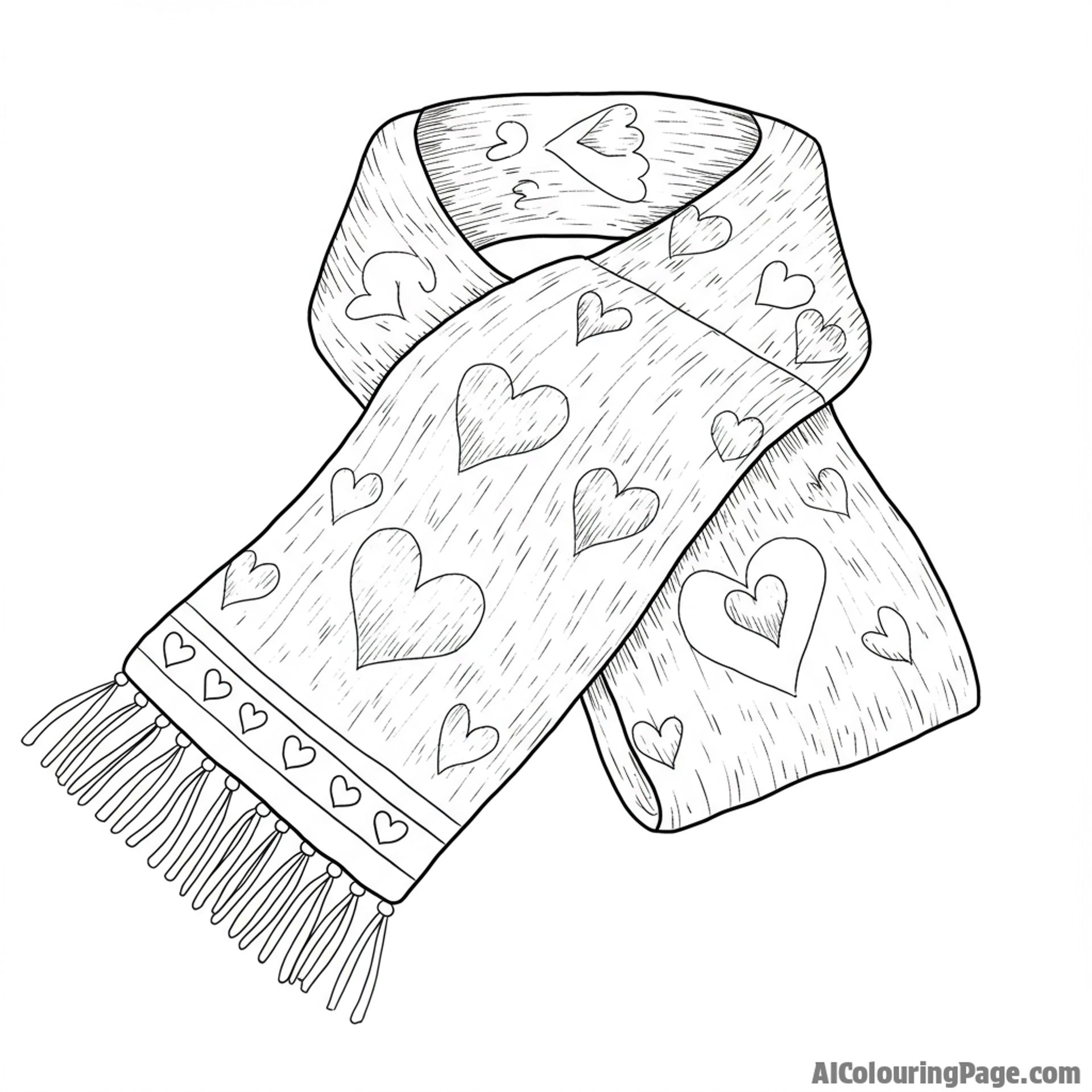 A hand-knitted scarf with a heart pattern woven into it.