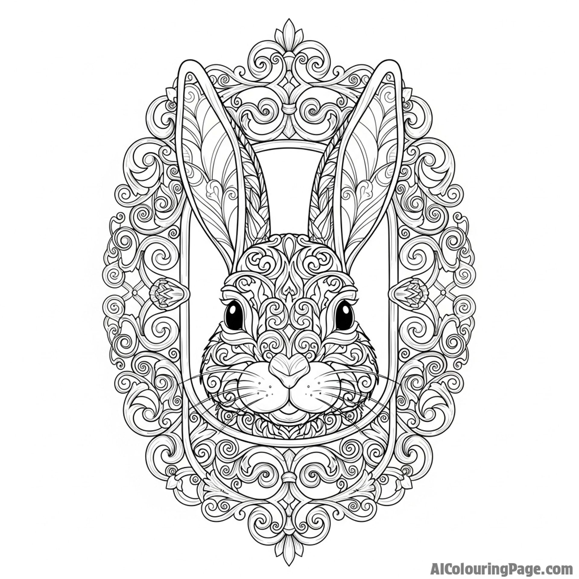 A bunny's face emerging from a pattern of intricate, swirling filigree metalwork.