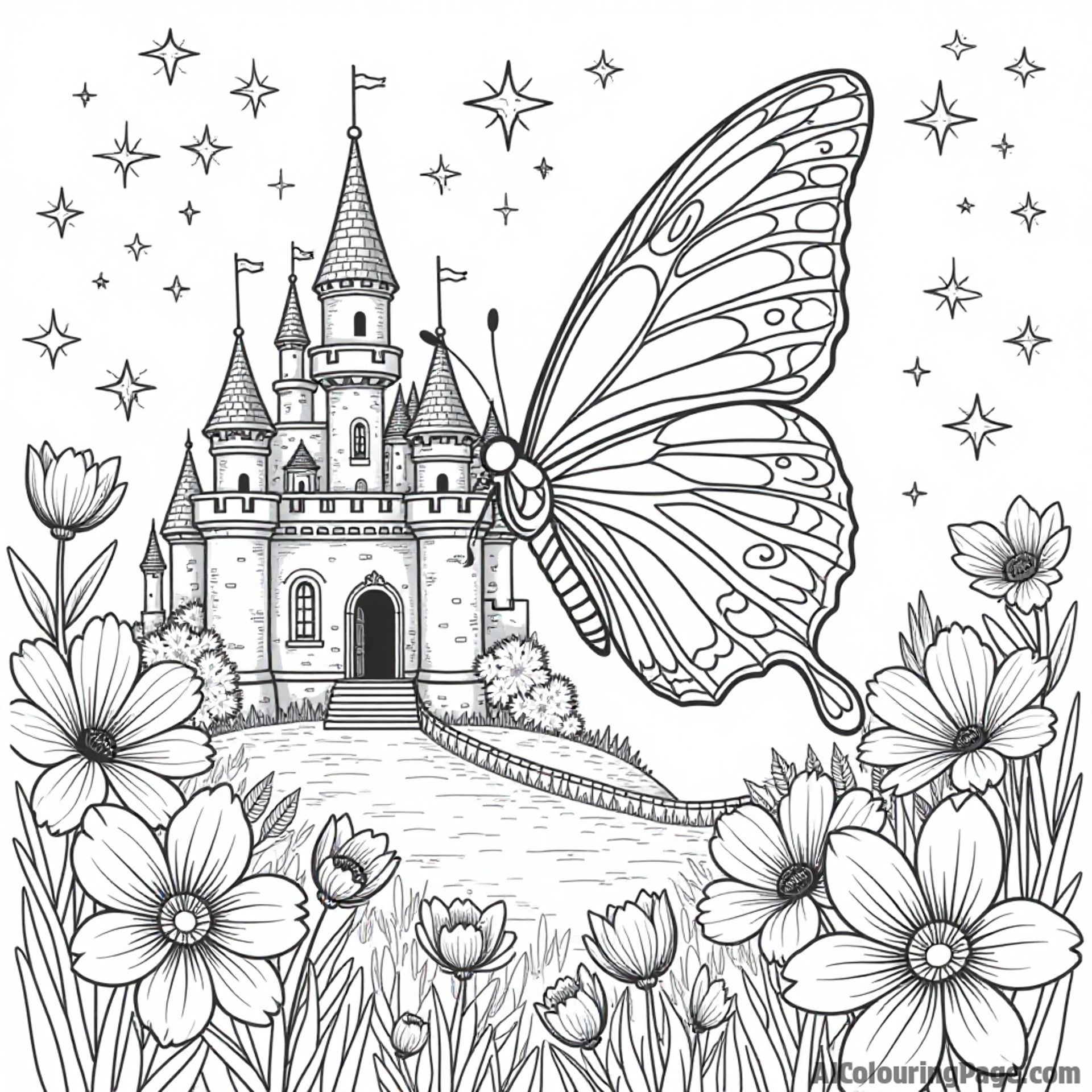 A butterfly flying through a magical castle garden with fairies, surrounded by flowers and sparkles, ready for coloring.