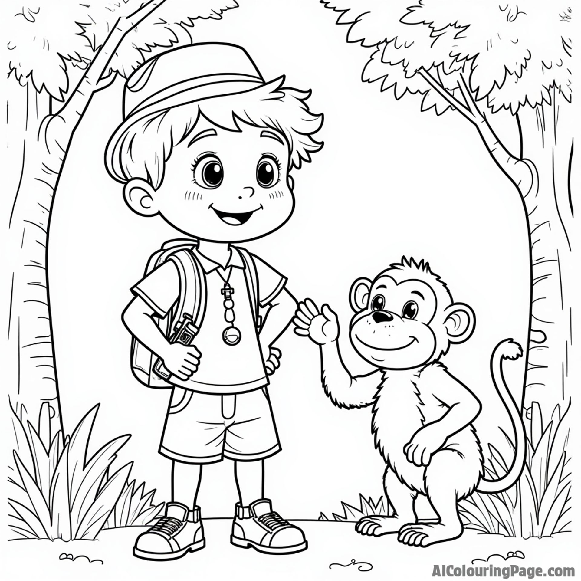 An adventurous boy with a compass and binoculars, standing next to a playful monkey and a tropical tree, all ready for a fun-filled jungle exploration coloring page.