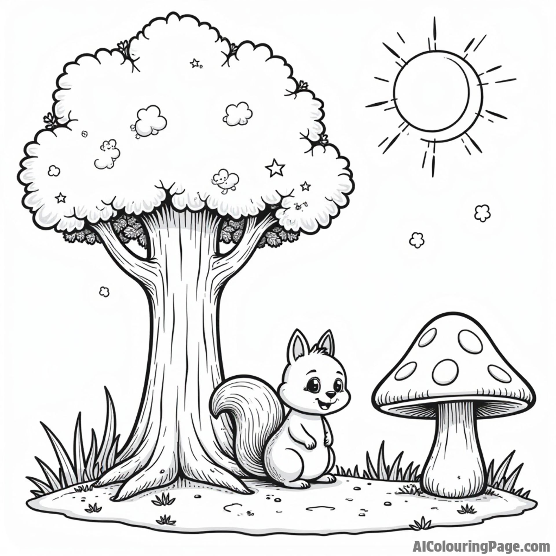 A magical forest with a friendly tree, a playful squirrel character, and a cheerful mushroom in a sunny clearing.