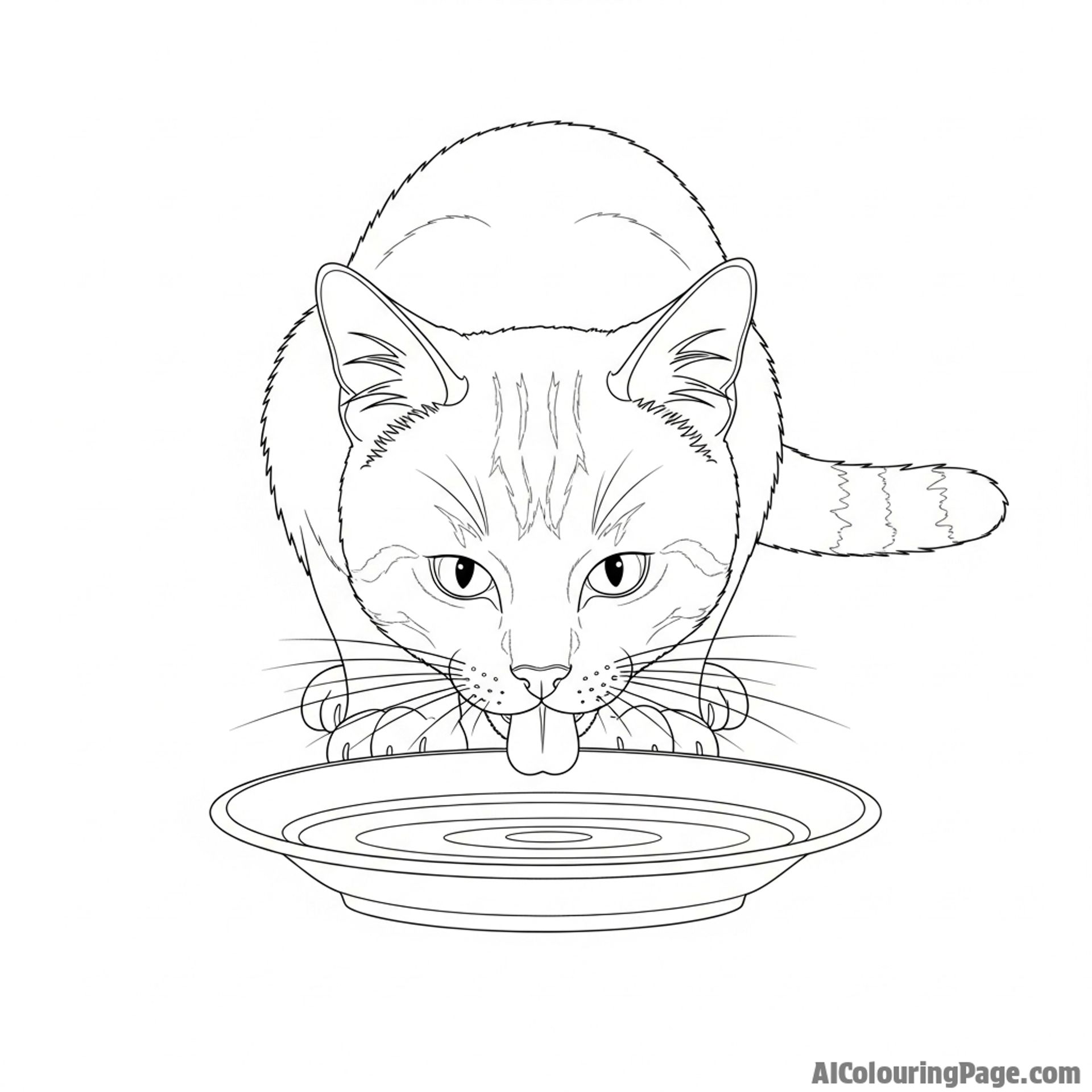 A cat drinking from a saucer, viewed from a low angle.