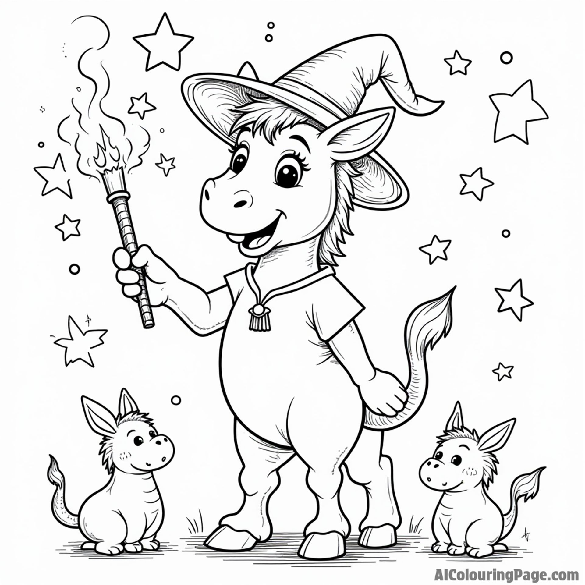 A donkey wearing a wizard hat, casting spells with a magic wand, surrounded by stars and magical creatures