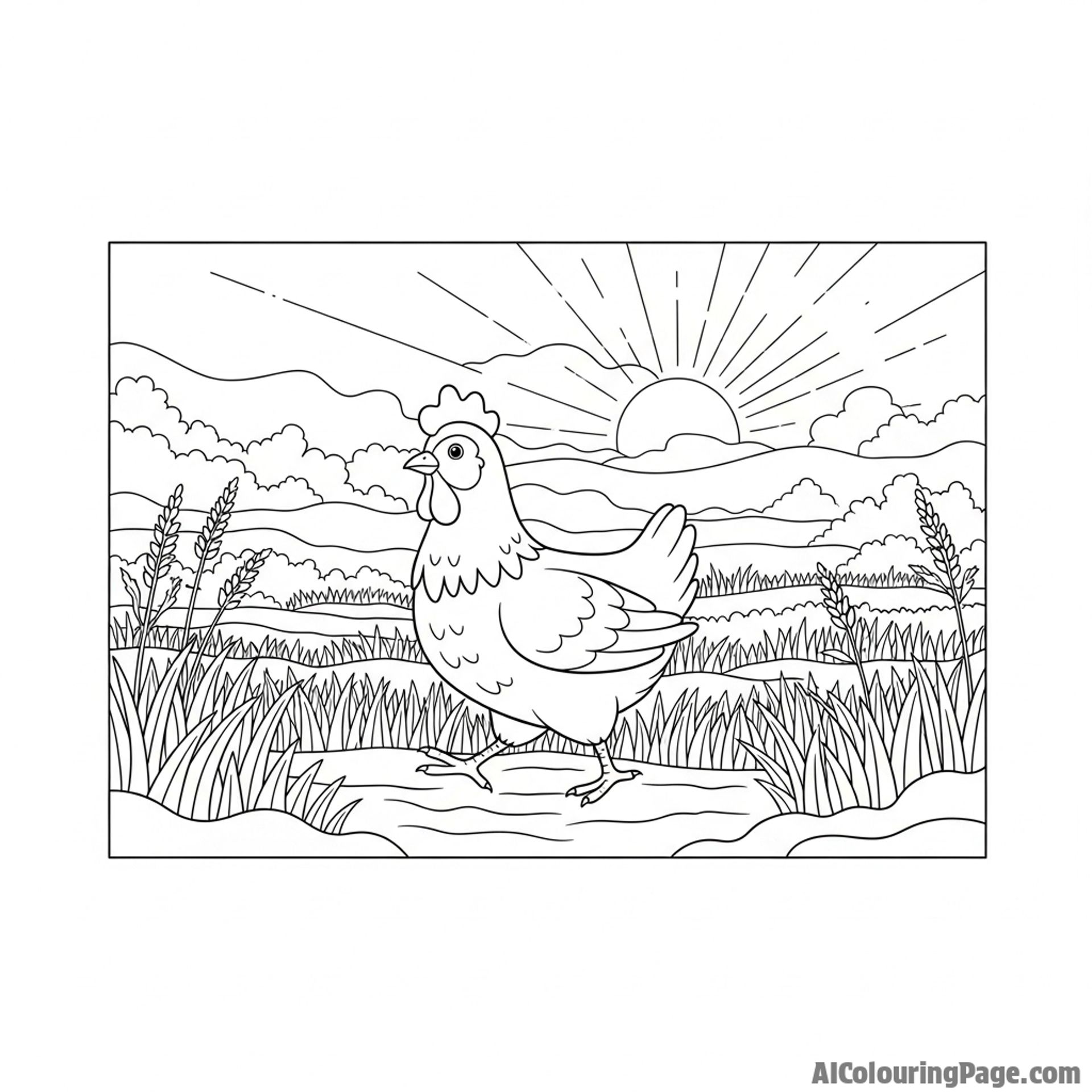 A chicken walking through a misty morning field.