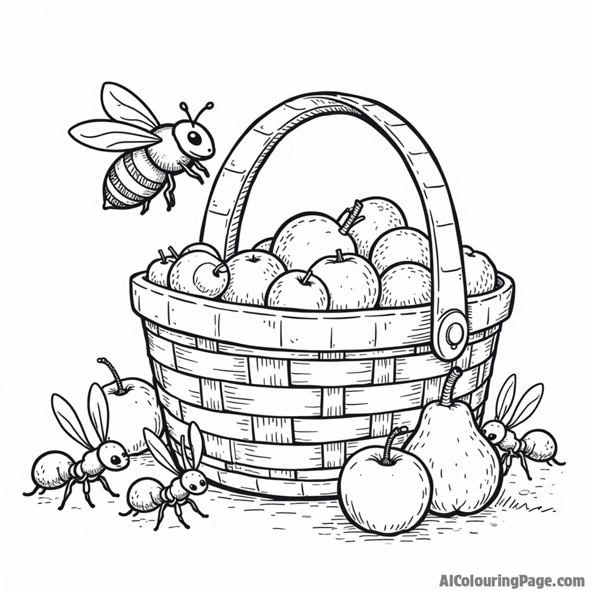 A bee hovering over a picnic basket filled with fruits, while ants gather around, eagerly waiting for a treat.