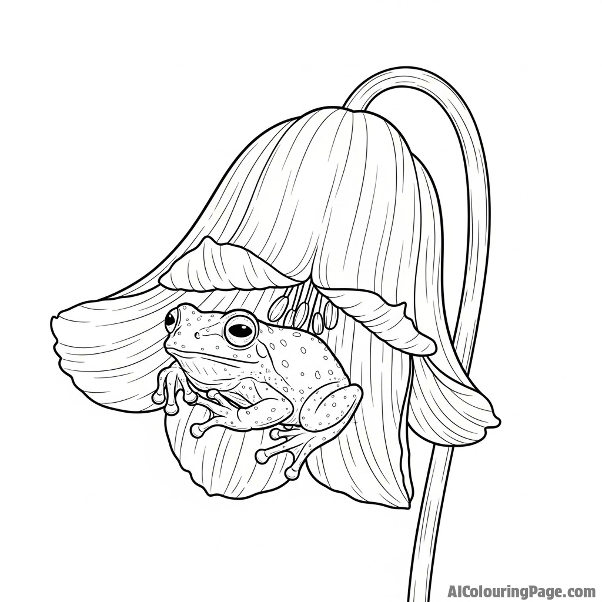 A tiny frog resting inside the bell of a large flower.
