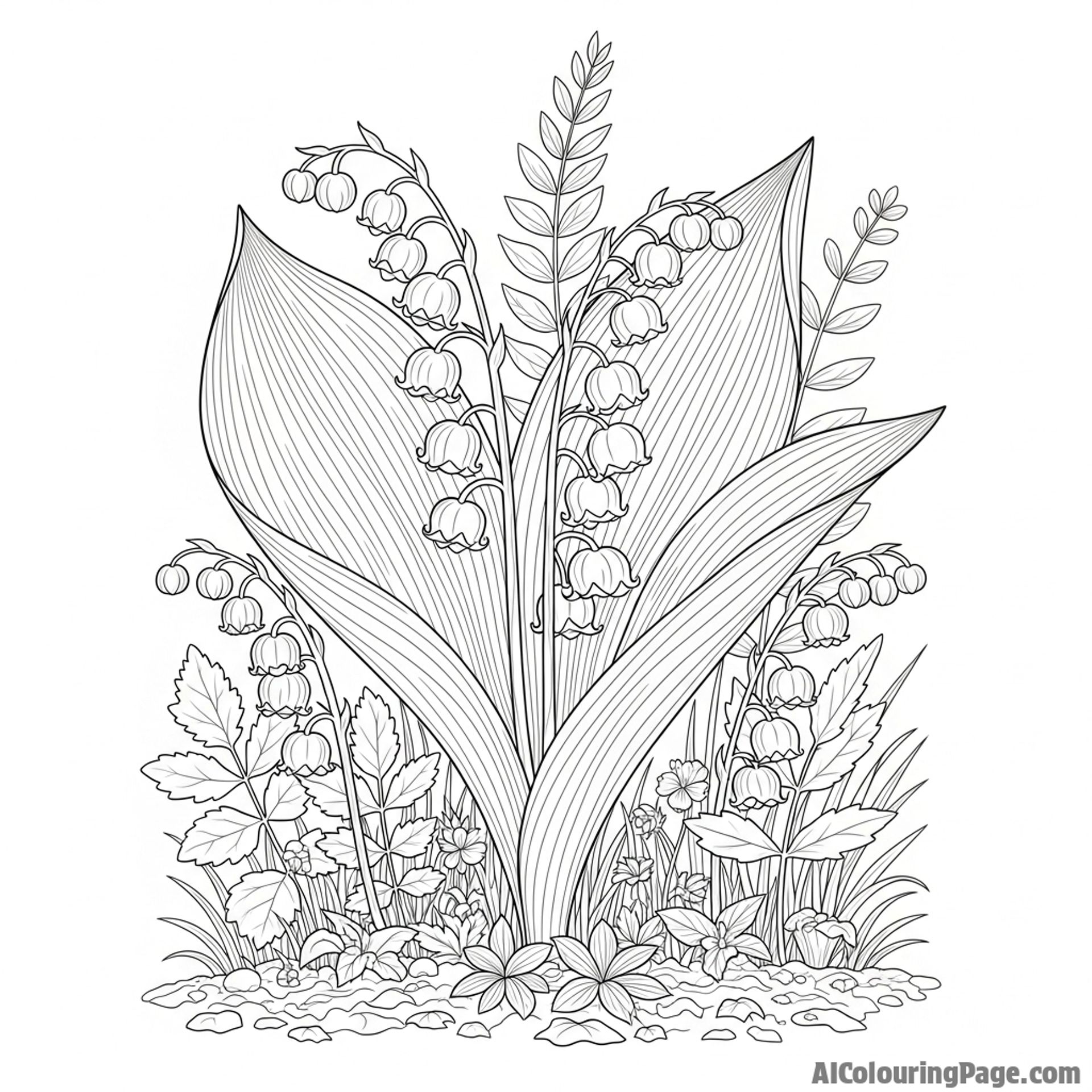 Lily of the valley, delicate bell-shaped flowers, woodland setting.