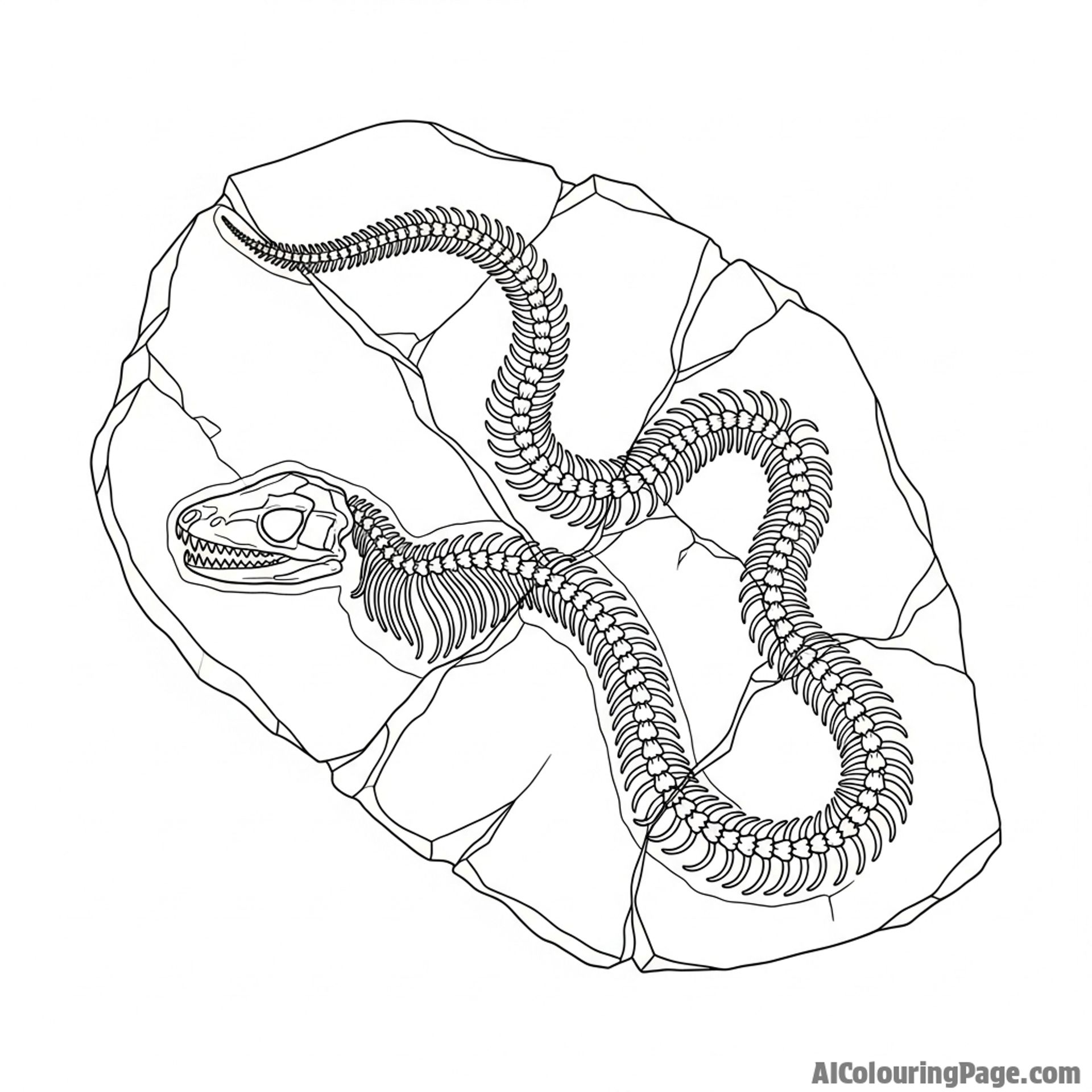 A skeletal snake fossil embedded in a slab of fractured stone.