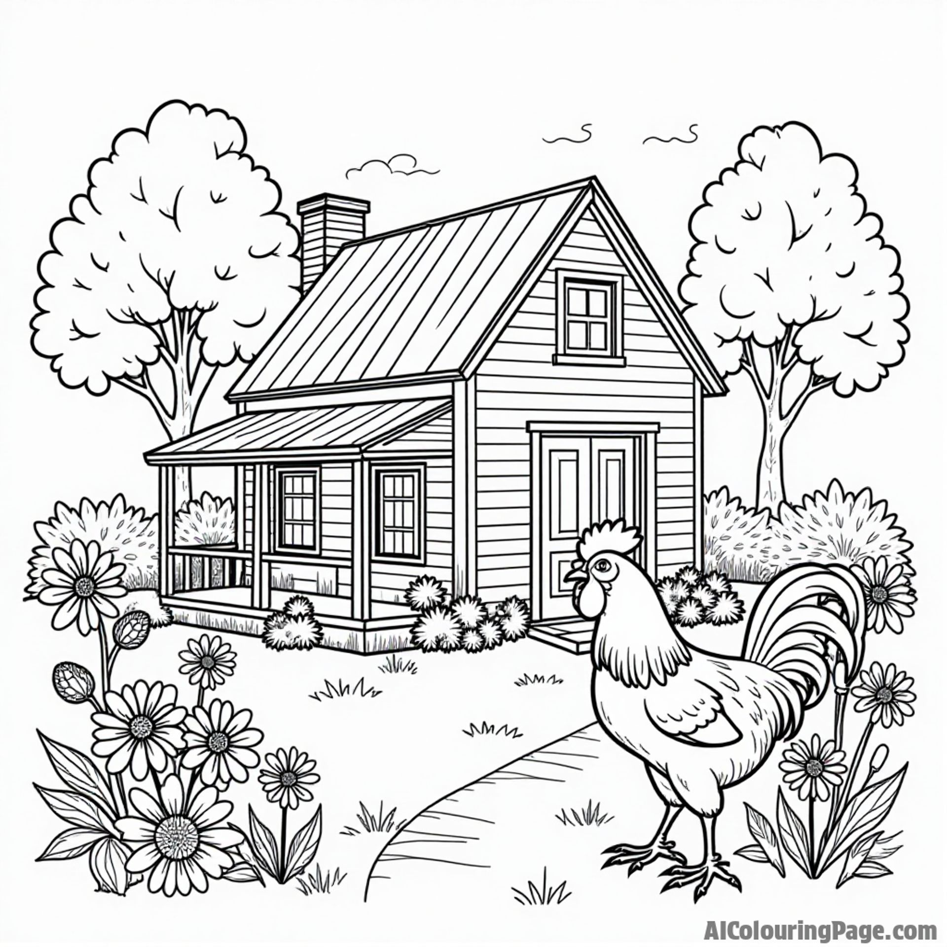 A charming Southern farmhouse surrounded by blooming wildflowers and a friendly rooster, perfect for kids to add colors.