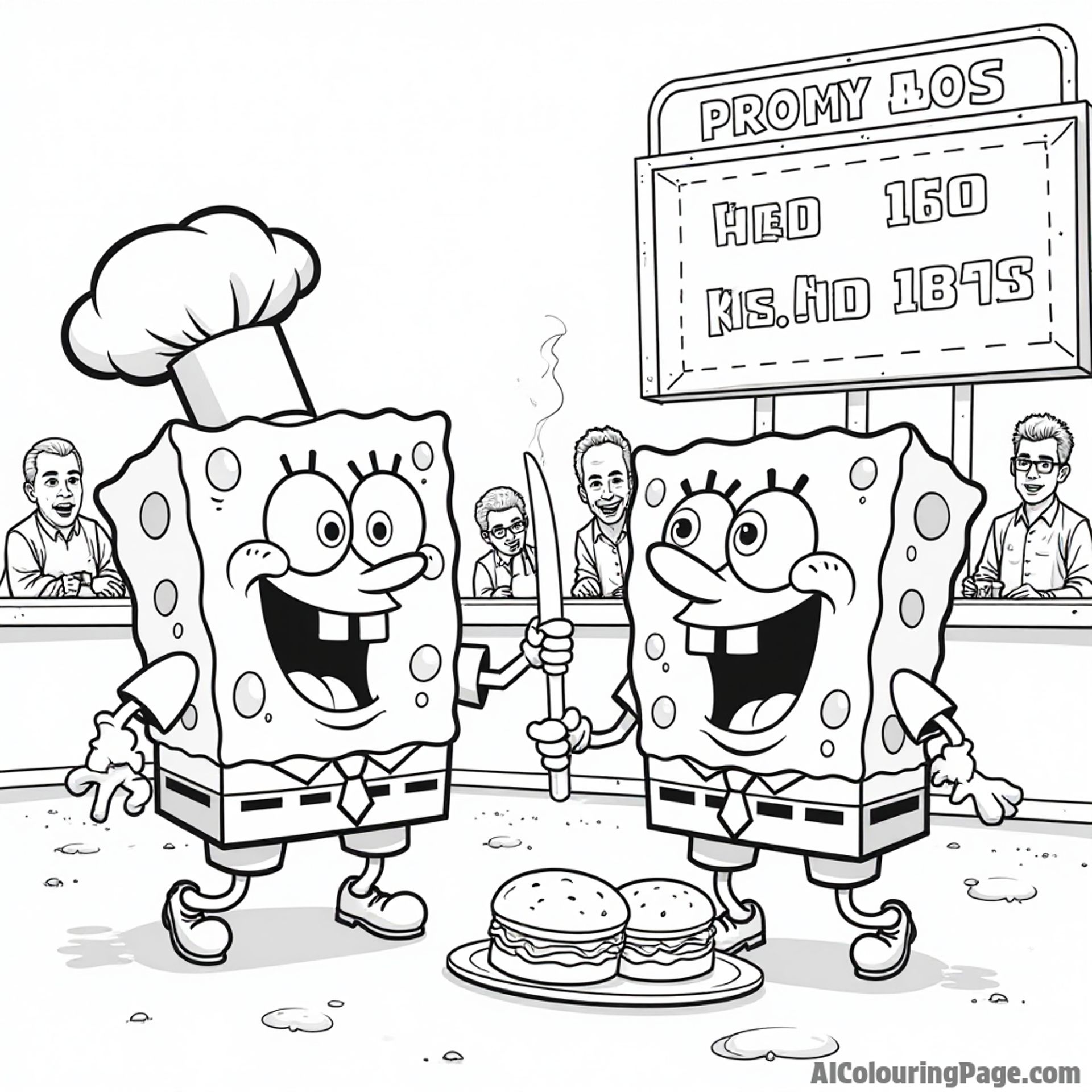 Mr. Krabs and SpongeBob competing in a cooking contest with Krabby Patties, judges, and a big scoreboard in background