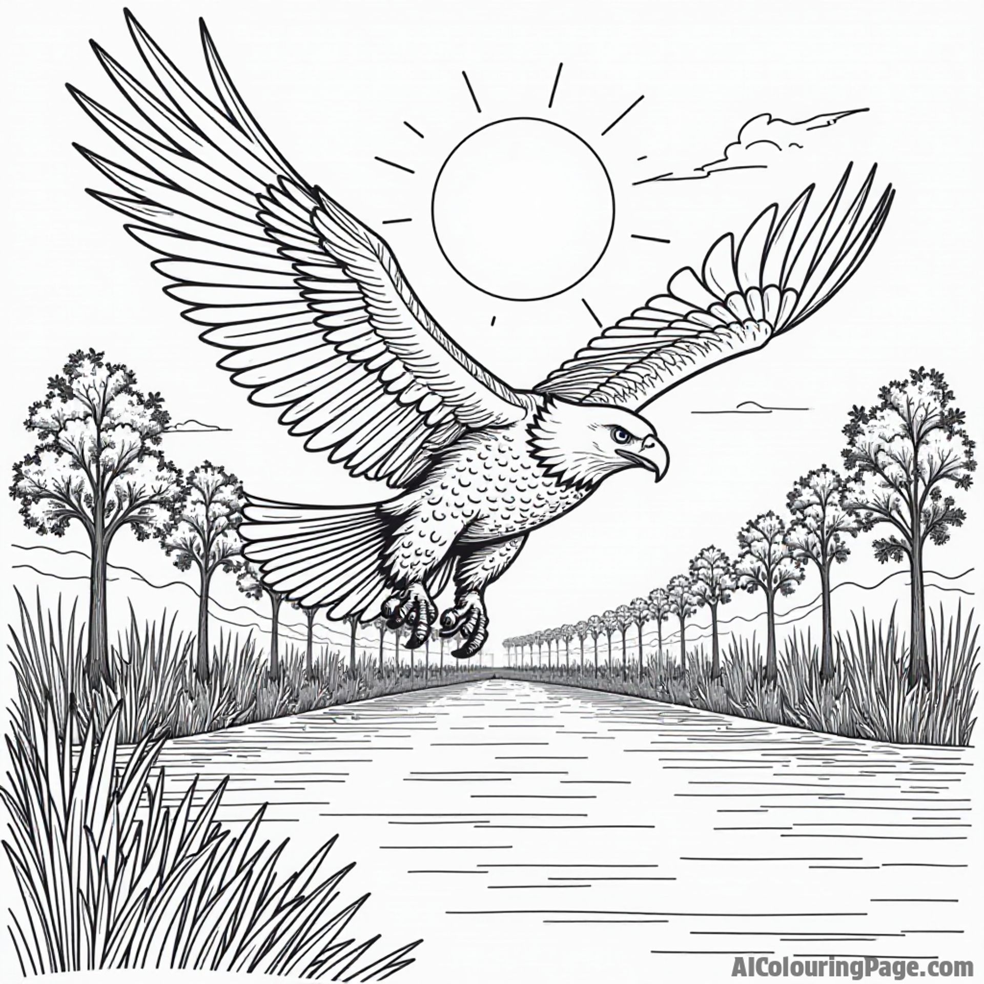 A majestic bald eagle soaring over the Mississippi River with tall cypress trees and a vibrant sun, ideal for coloring.