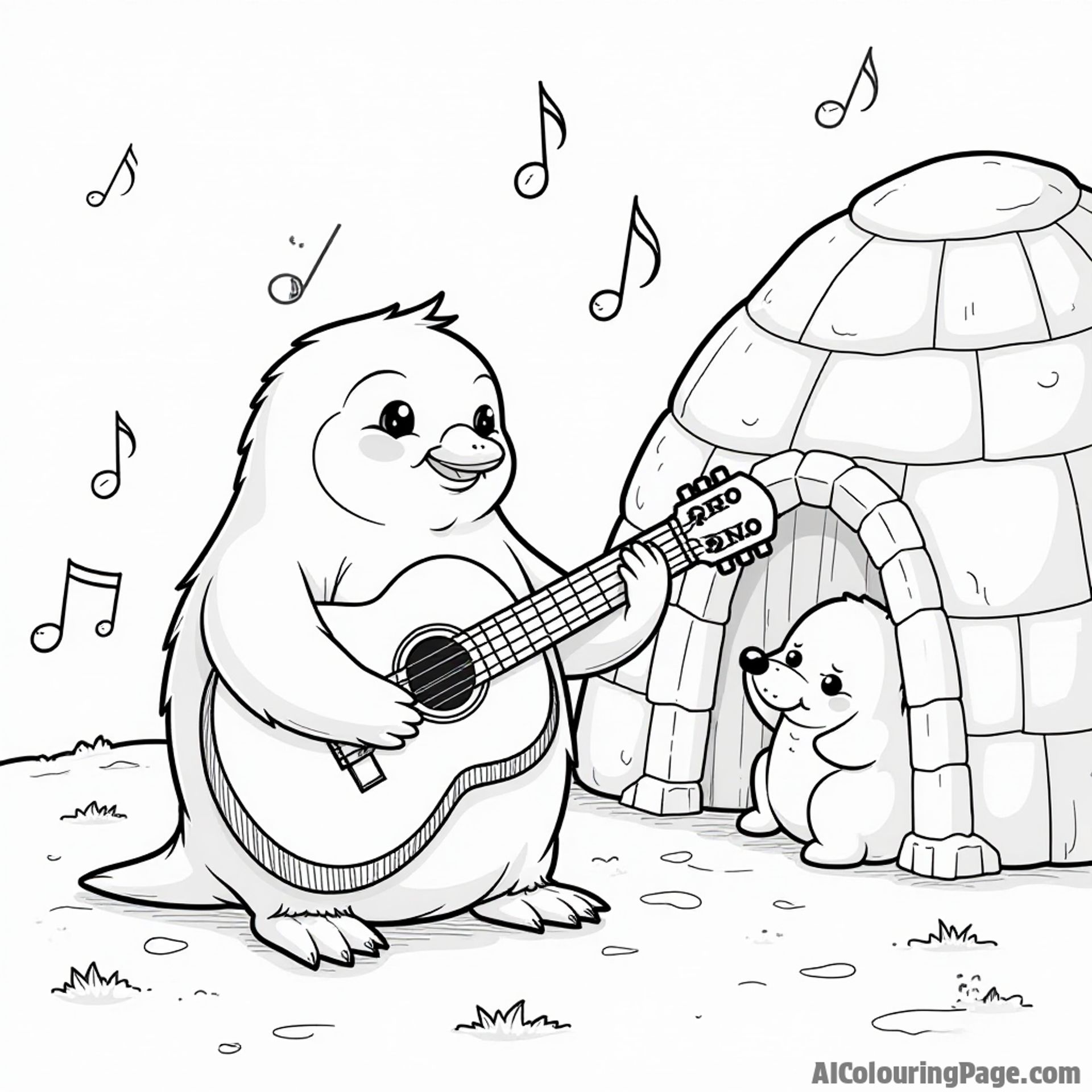 A penguin playing a guitar by an igloo with musical notes floating and a friendly seal clapping along.