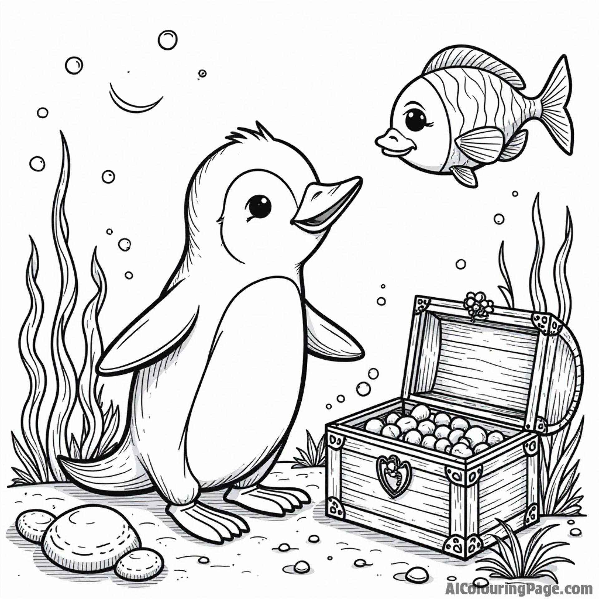 A curious penguin exploring a colorful underwater scene with a friendly fish and a treasure chest full of pearls.