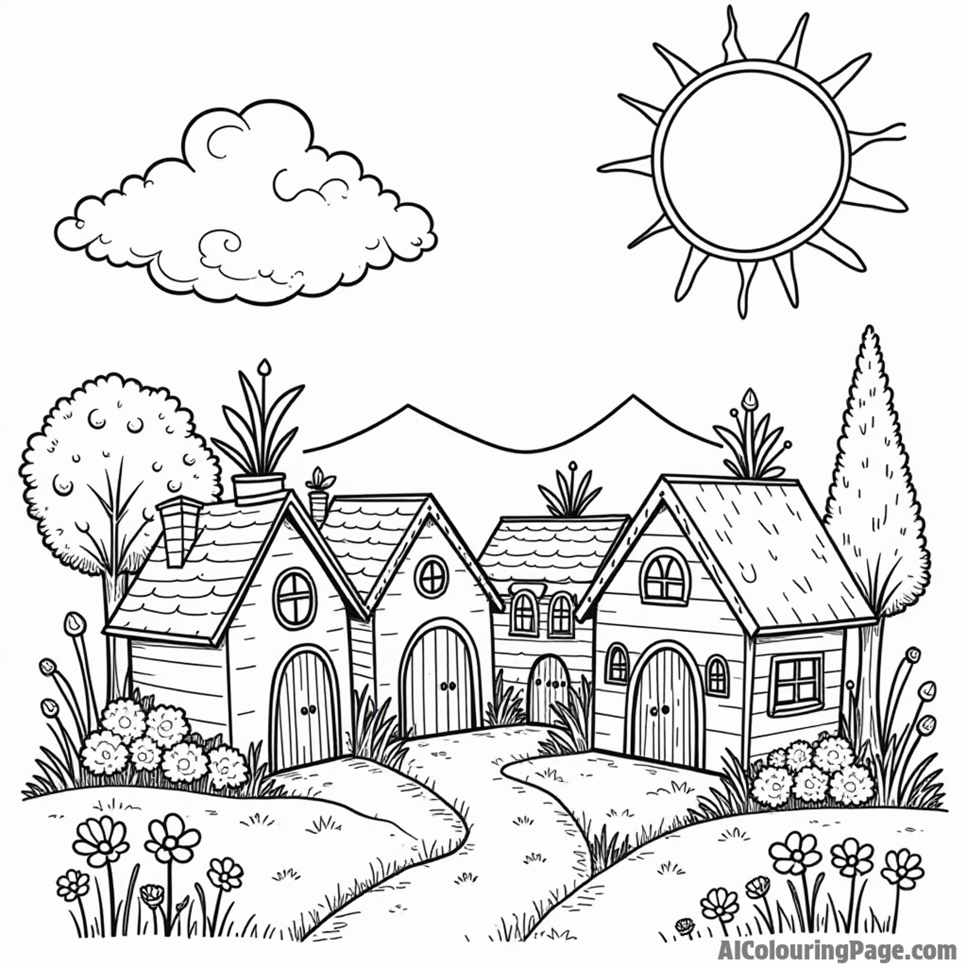 A charming carrot village with little carrot houses, surrounded by flowers and trees, under a bright sun shining down.
