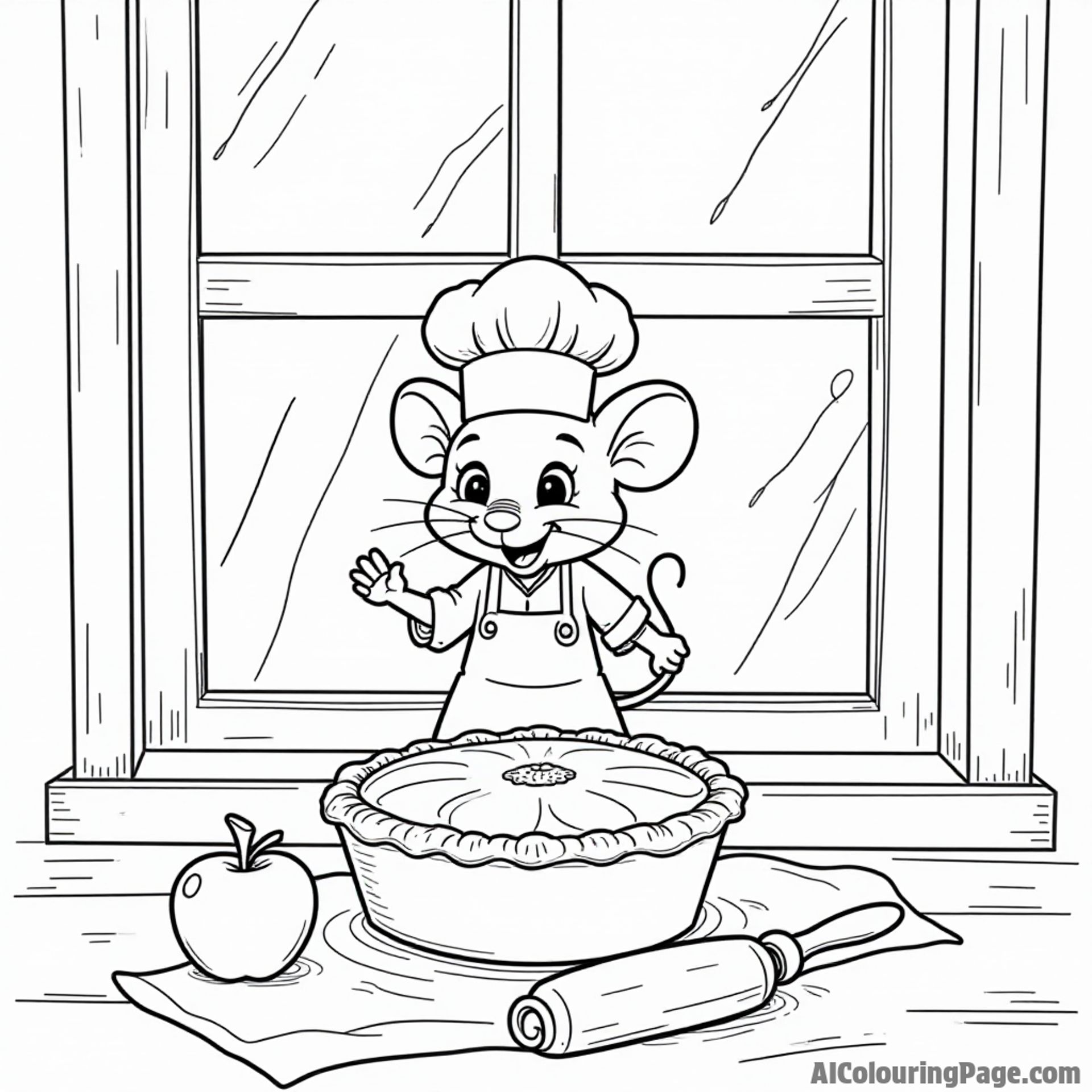 An apple pie cooling on a windowsill, with a smiling chef mouse, and a rolling pin beside it.