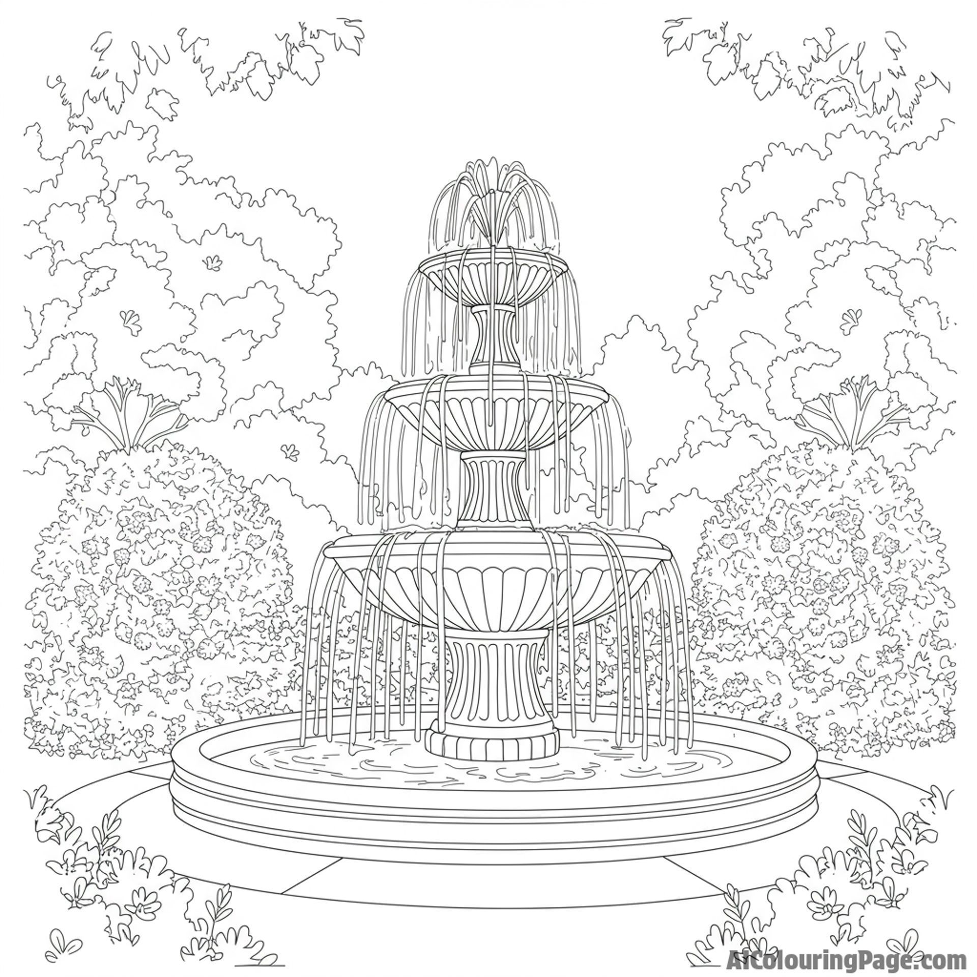 A fountain surrounded by blossoming bushes and trees.