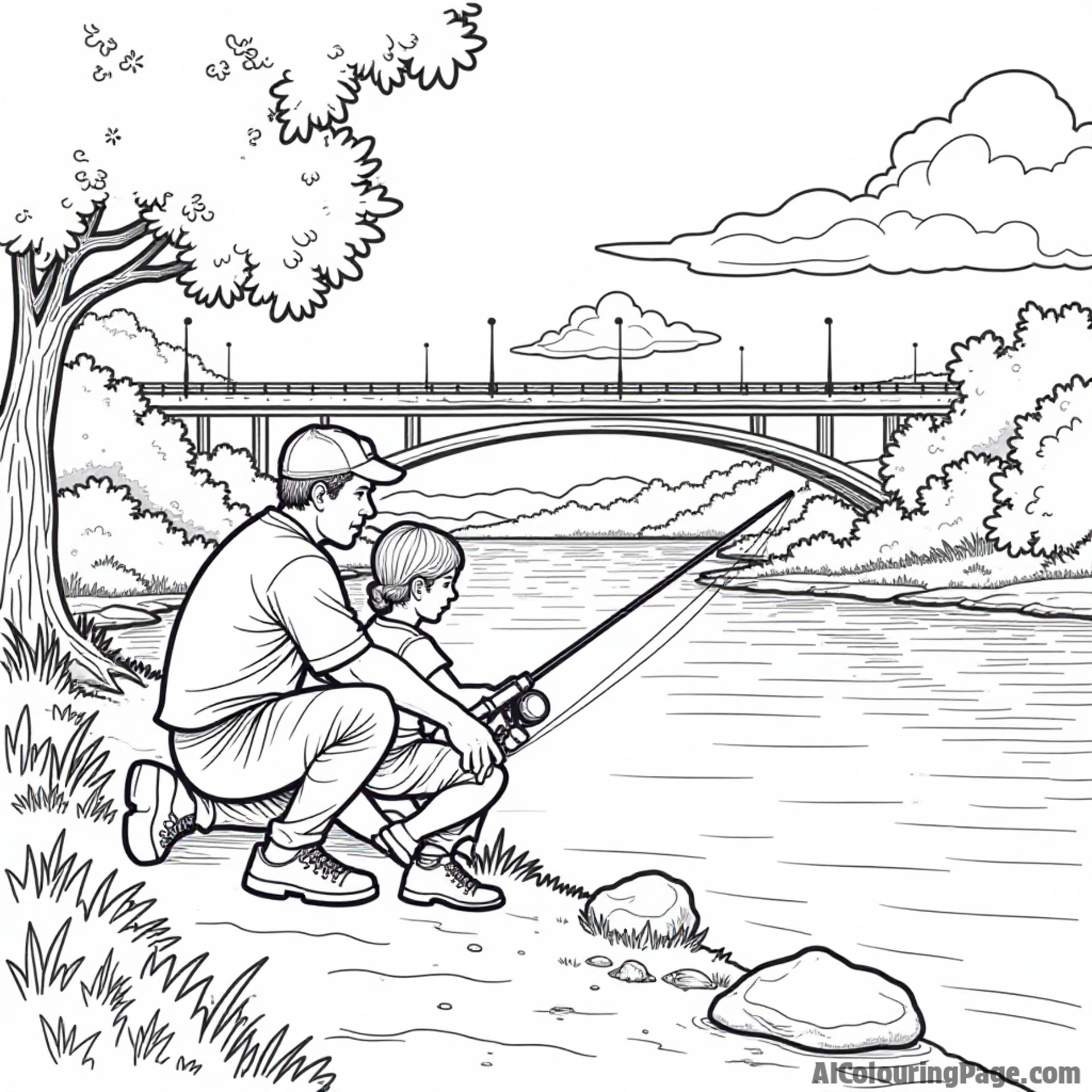A lively scene of a family fishing by the Arkansas River with a bridge in the background for kids to color.