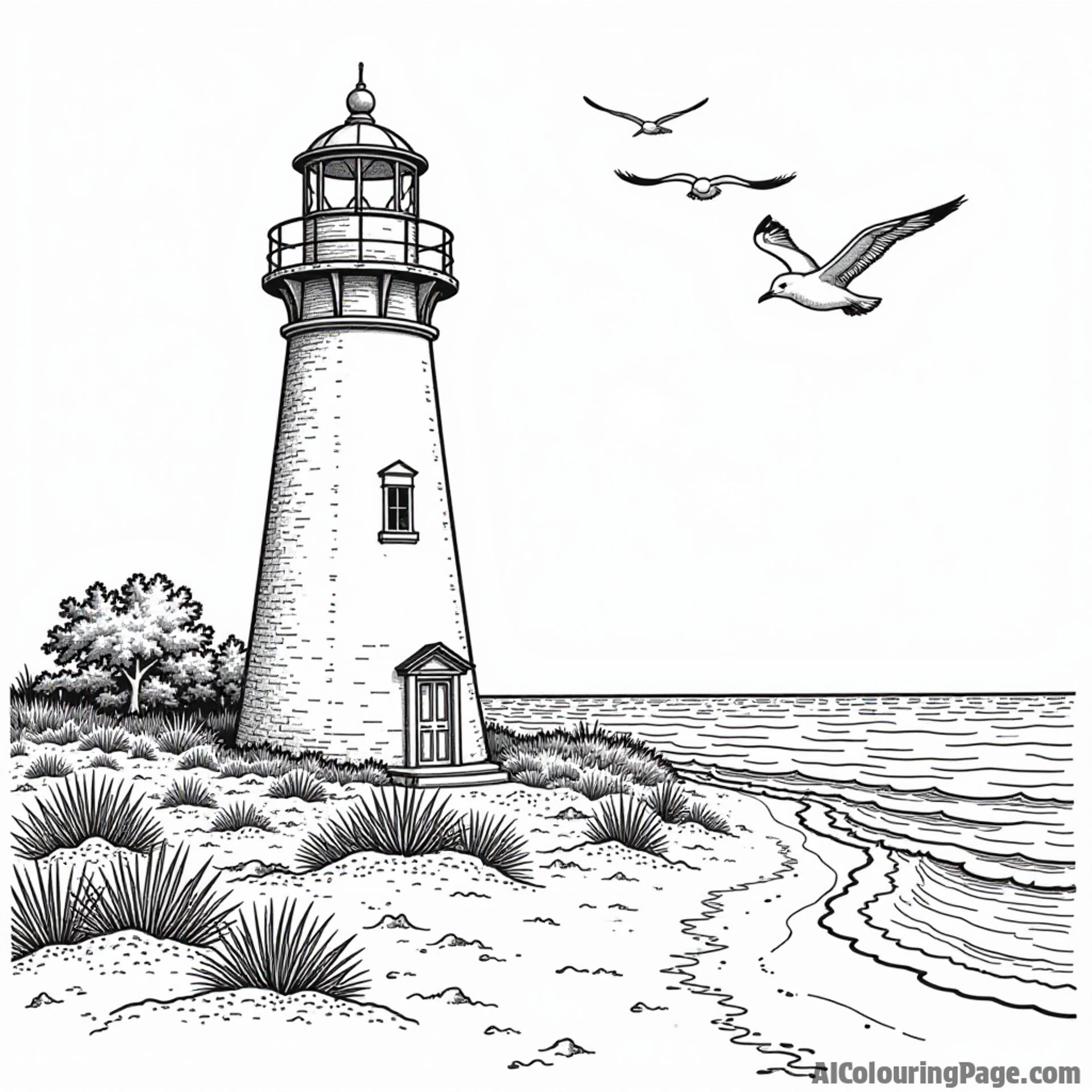 A whimsical lighthouse by the ocean, with seagulls flying above and a sandy beach, showcasing Rhode Island coastal beauty.