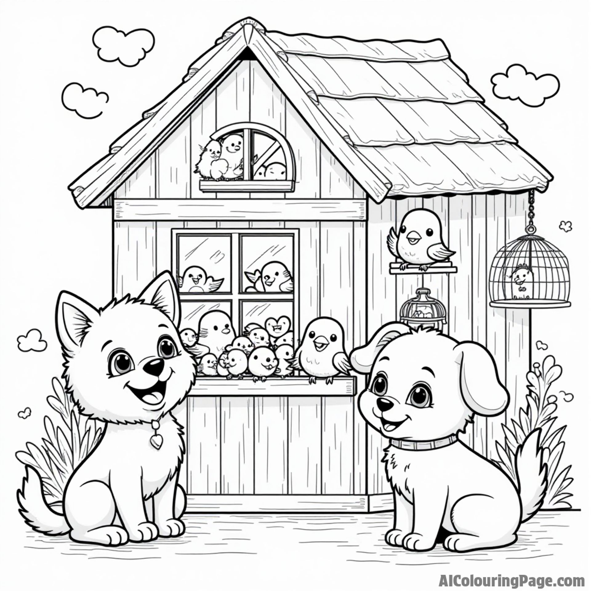 A cozy pet shop with a happy puppy character, a playful kitten, and a cheerful birdcage full of chirping birds.