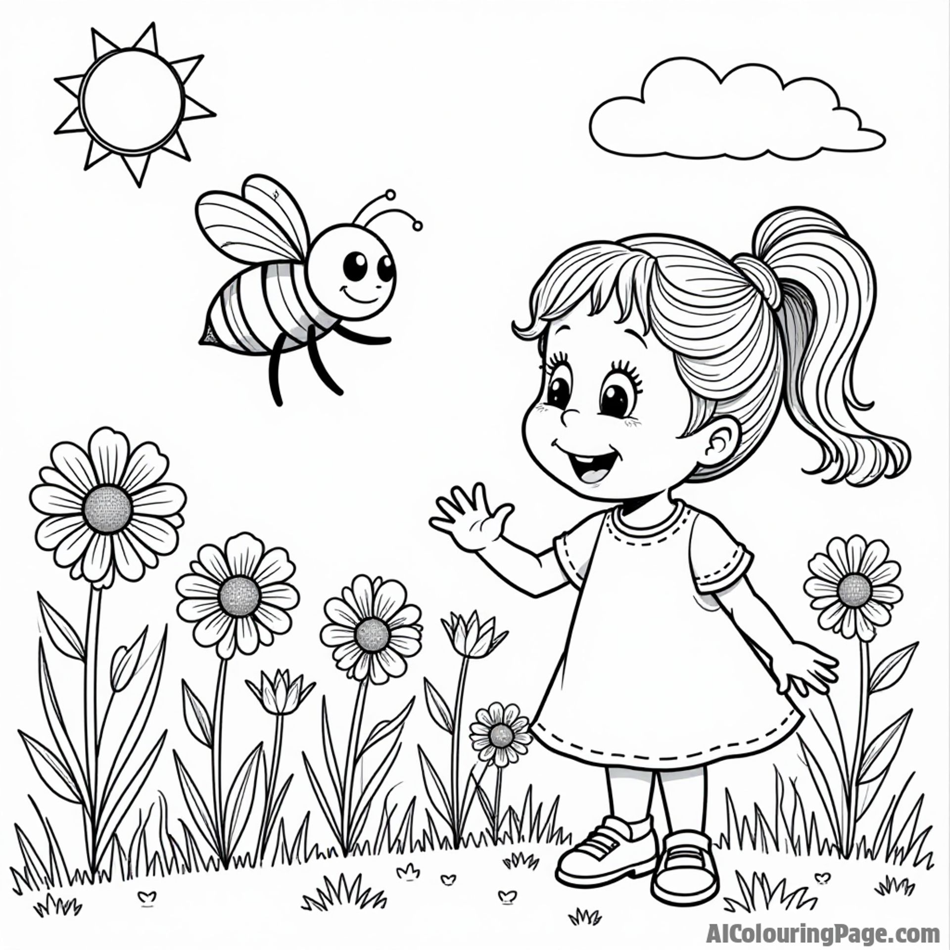 A happy bee buzzing around colorful flowers in a sunny garden, with a little girl waving and smiling at it.