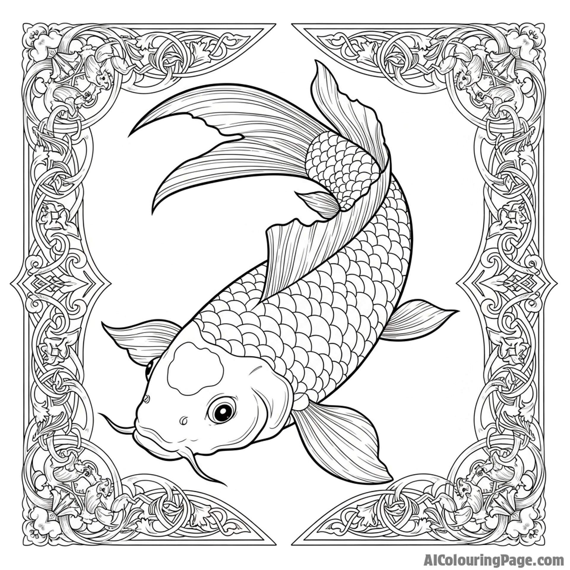A koi fish illustrated in the style of a medieval illuminated manuscript, with ornate borders.
