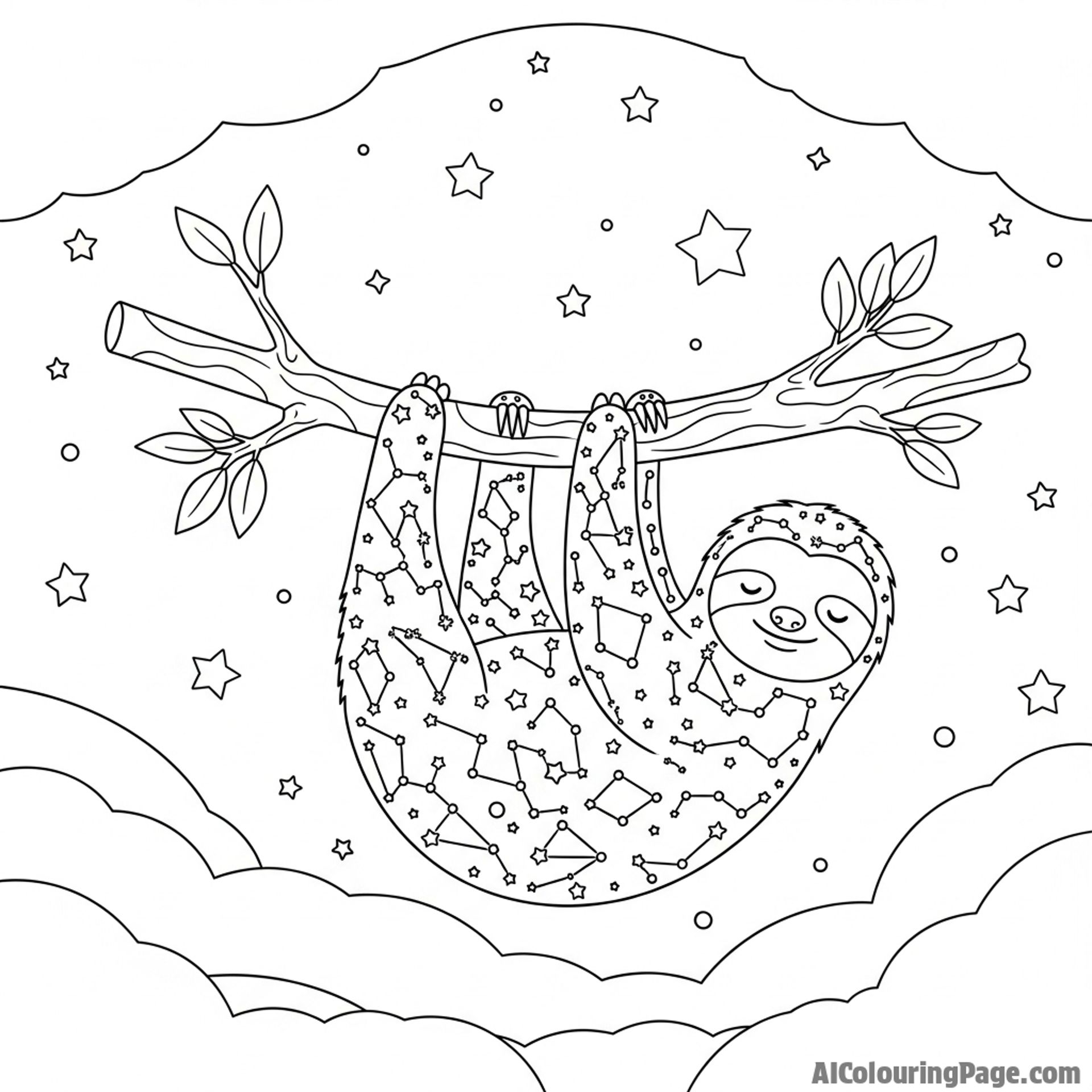 A sloth made of constellations, hanging in a starry night sky.