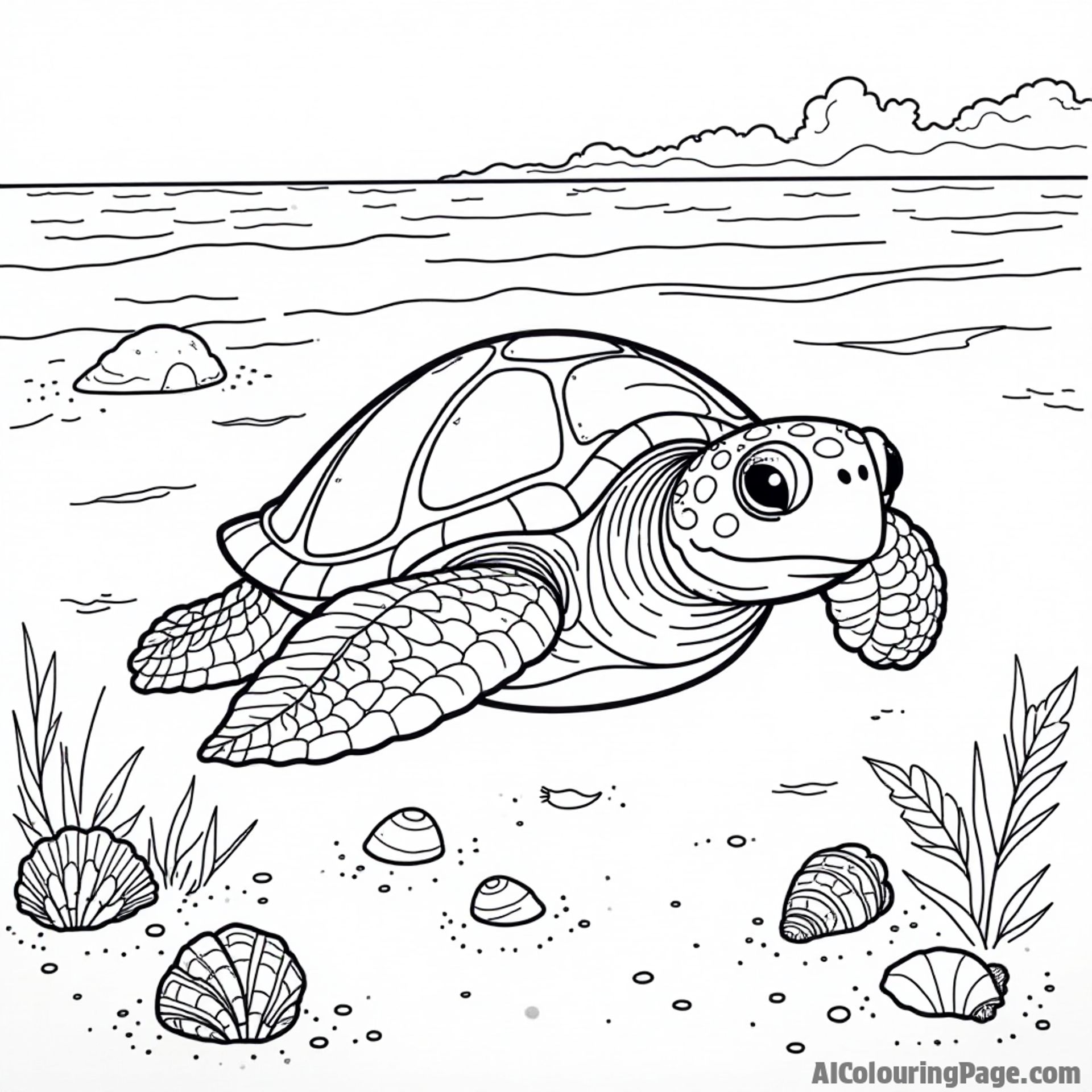 A friendly sea turtle swimming in the Atlantic Ocean, surrounded by seashells and a sandy beach backdrop of South Carolina.