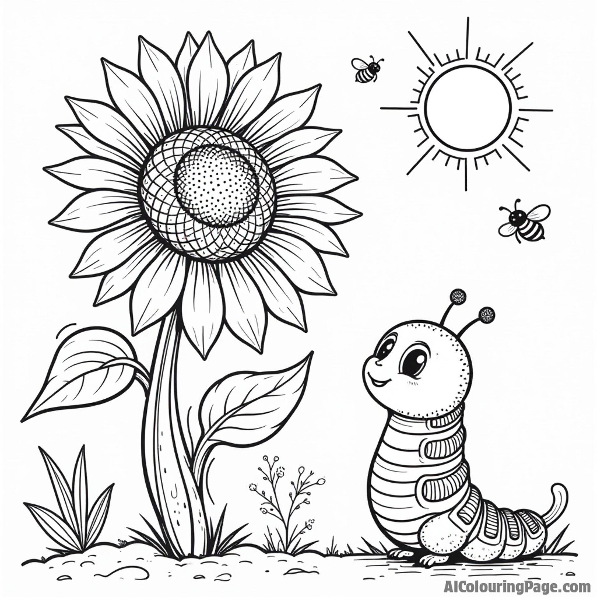 A caterpillar peeking out from behind a giant sunflower with bees buzzing around and a bright sun shining down.