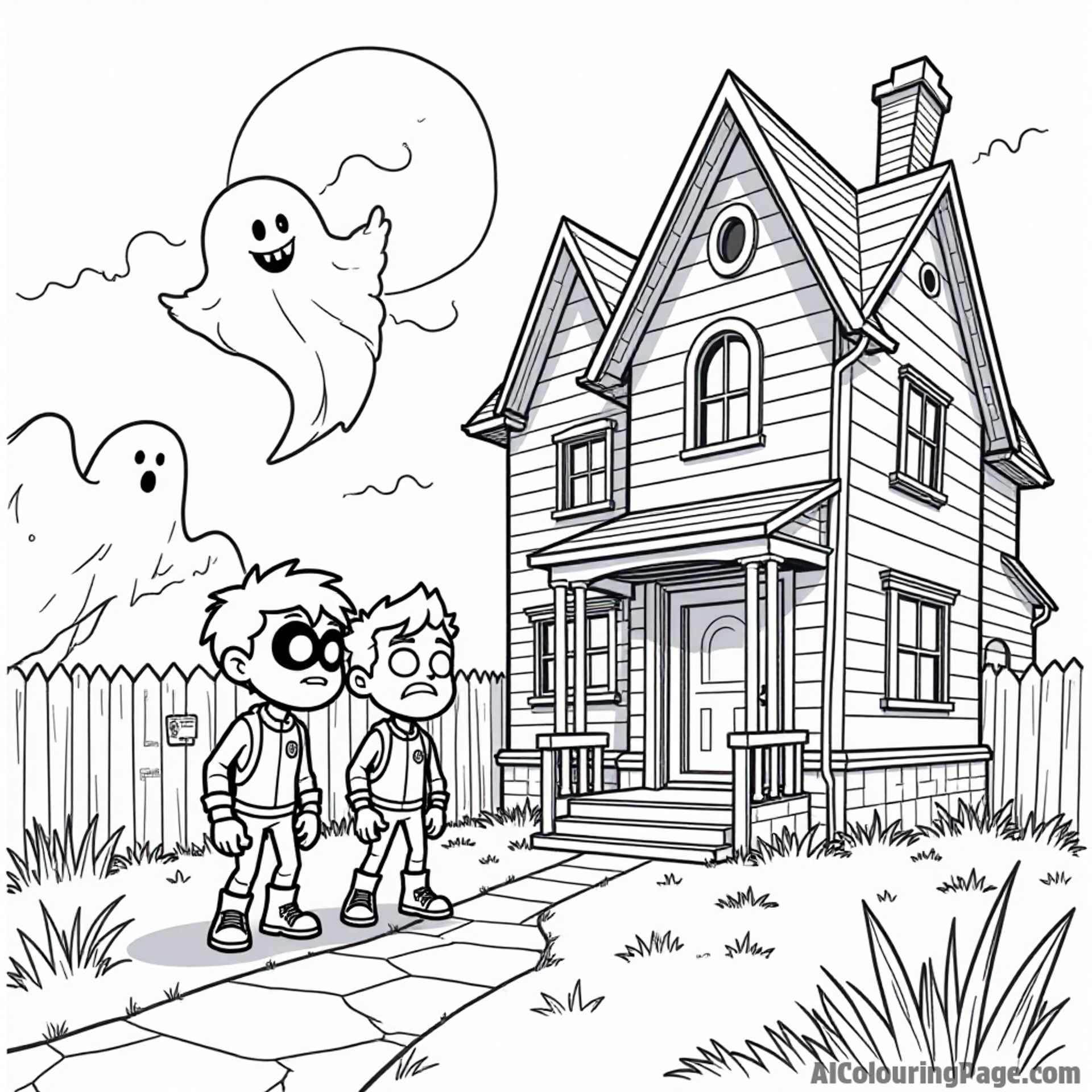 Teen Titans exploring a spooky haunted house, with silly ghosts floating around, and everyone showing different reactions to the scare.