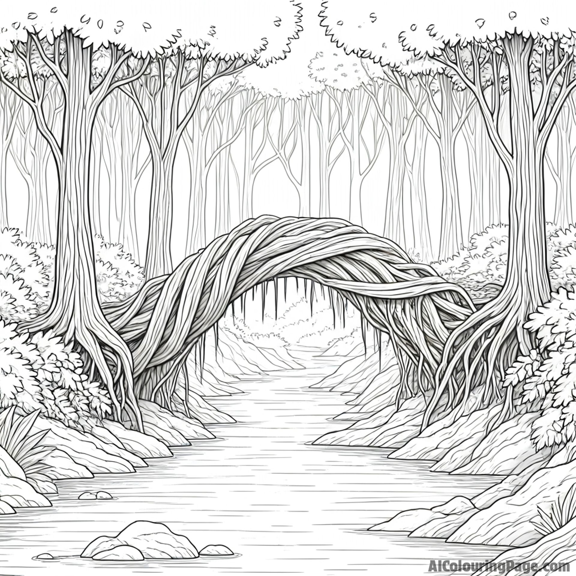 Twisted roots forming a natural bridge, flowing stream beneath, balanced ecosystem, woodland architecture.