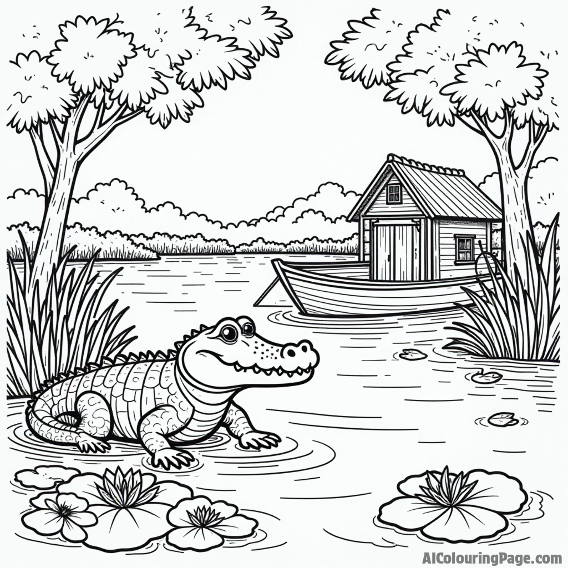 A lively bayou scene with a friendly alligator, colorful lily pads, and a quaint wooden boat in Louisiana.