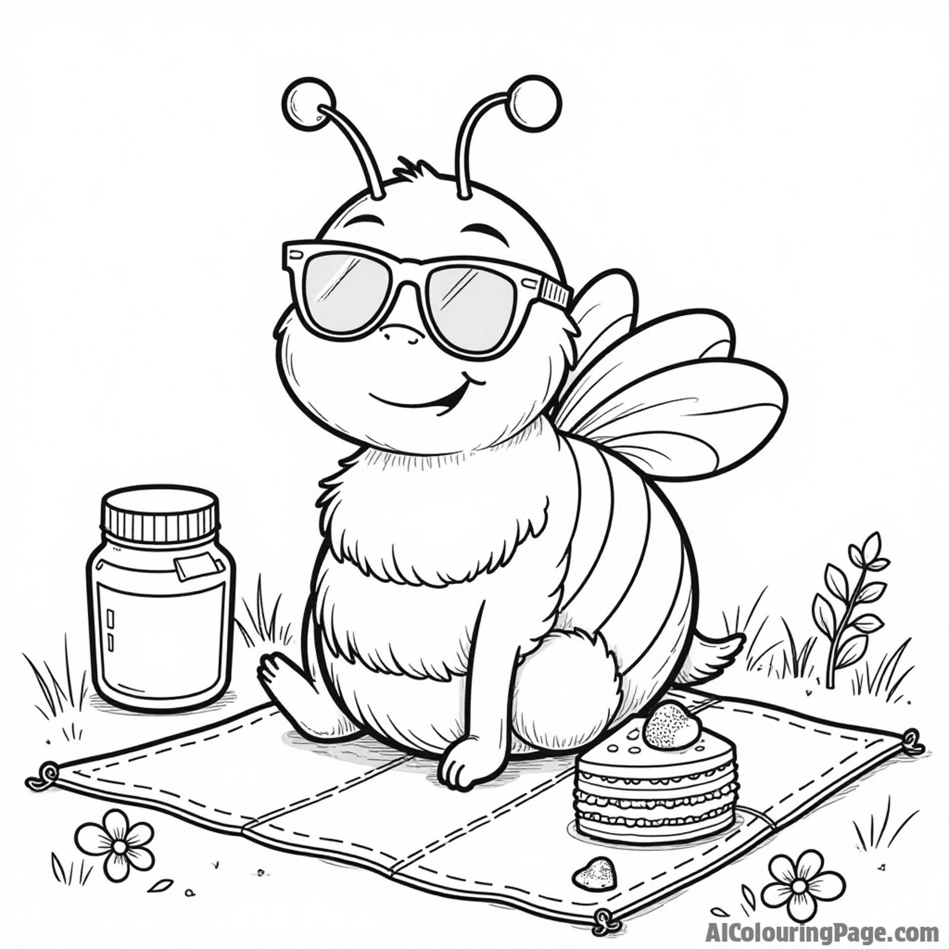 A cartoon bee wearing sunglasses, sitting on a picnic blanket, surrounded by honey jars and a slice of cake.