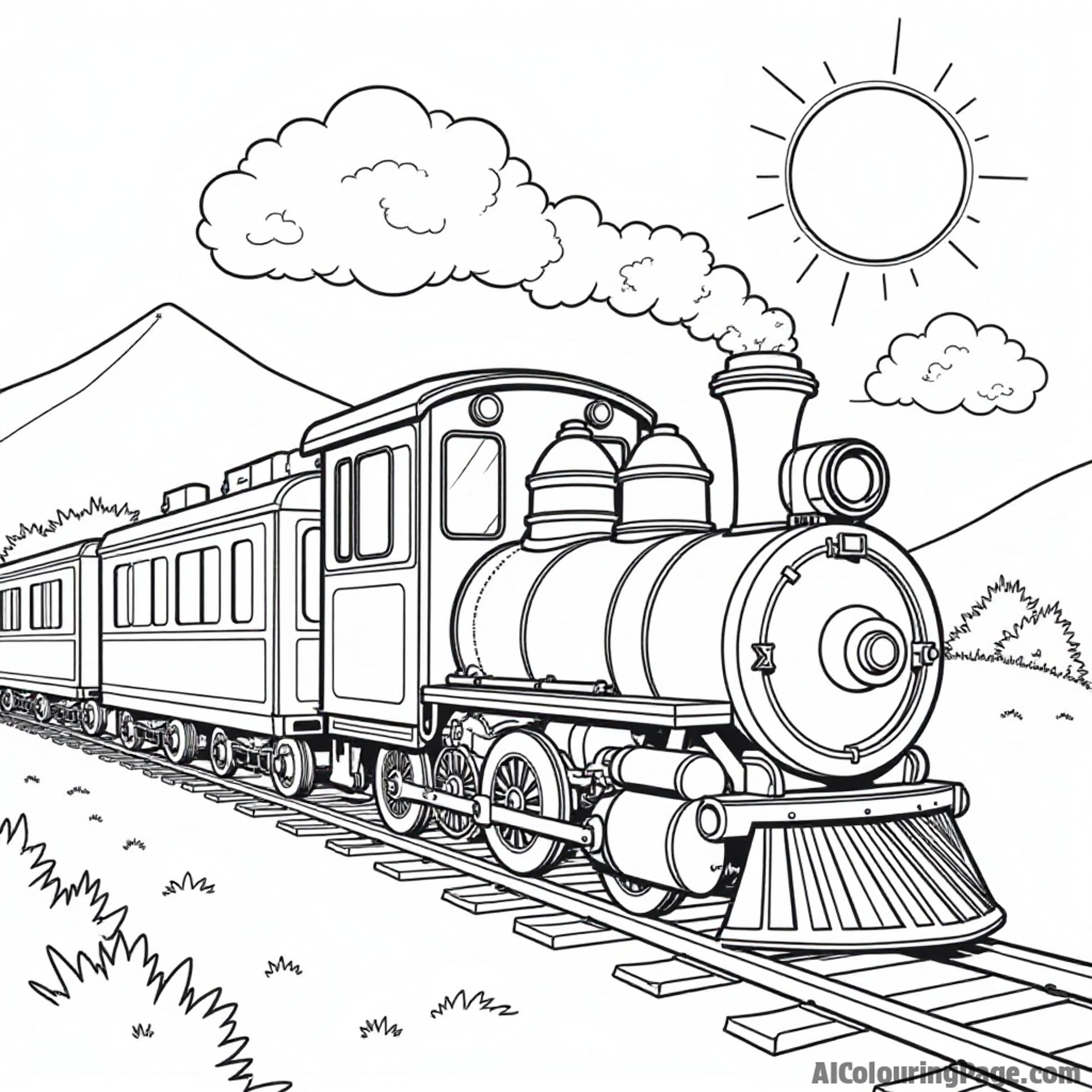 A whimsical train chugging through the hills of Tennessee with fluffy clouds and a bright sun in the sky.