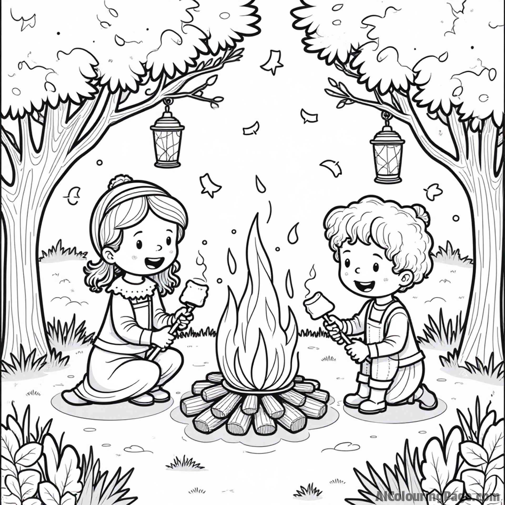 An enchanting Oktoberfest night scene with a glowing bonfire, children roasting marshmallows, and lanterns hanging from trees, creating a magical atmosphere for a coloring adventure.