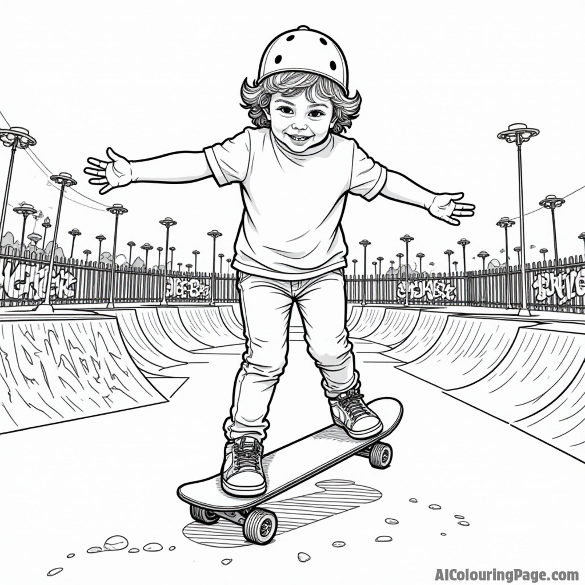 A child skateboarding in a skate park, surrounded by colorful graffiti and other skateboarders, designed to capture the energy of sports and activities in a black and white format.