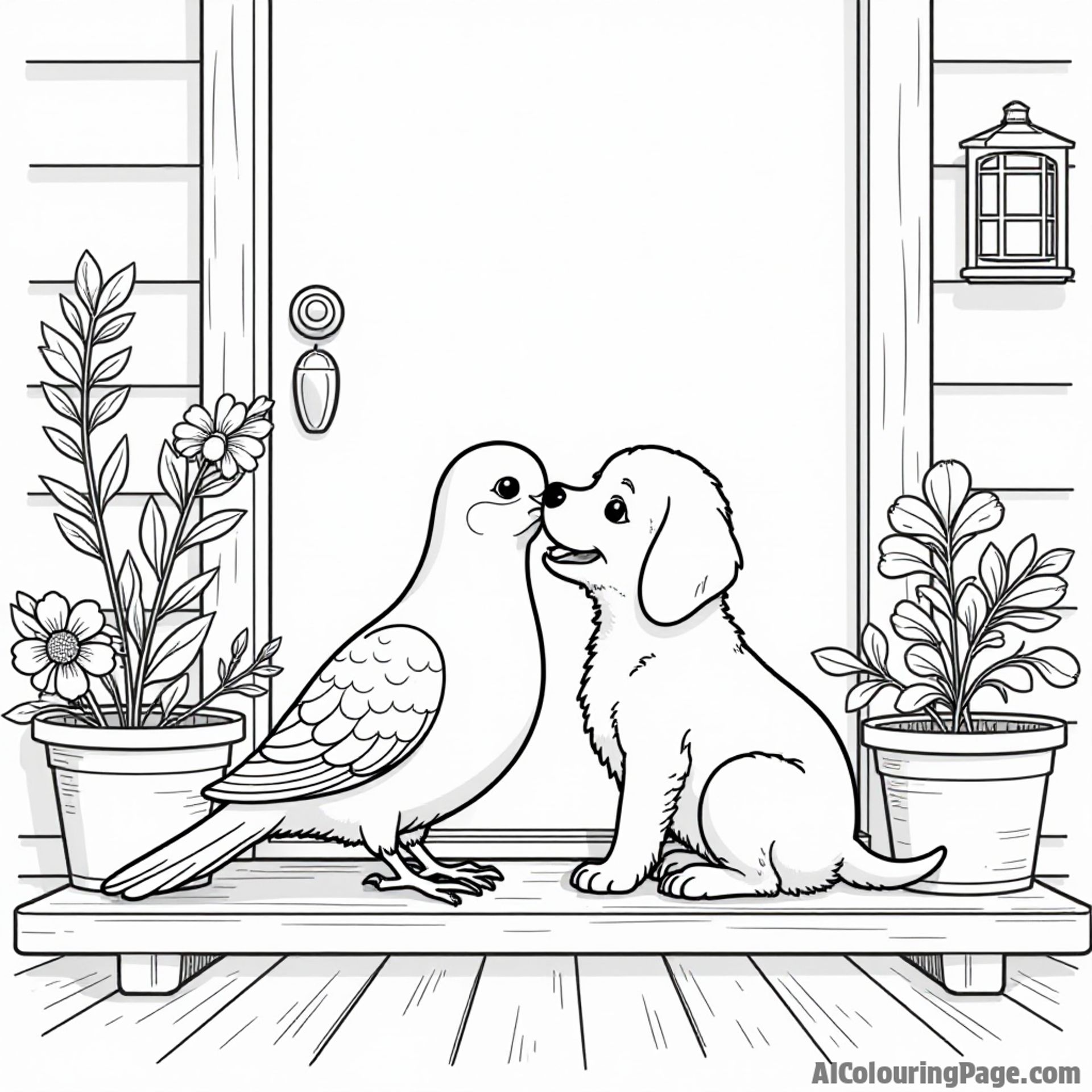 A dove and a playful puppy sharing a cozy moment on a porch, surrounded by potted plants and flowers to color.