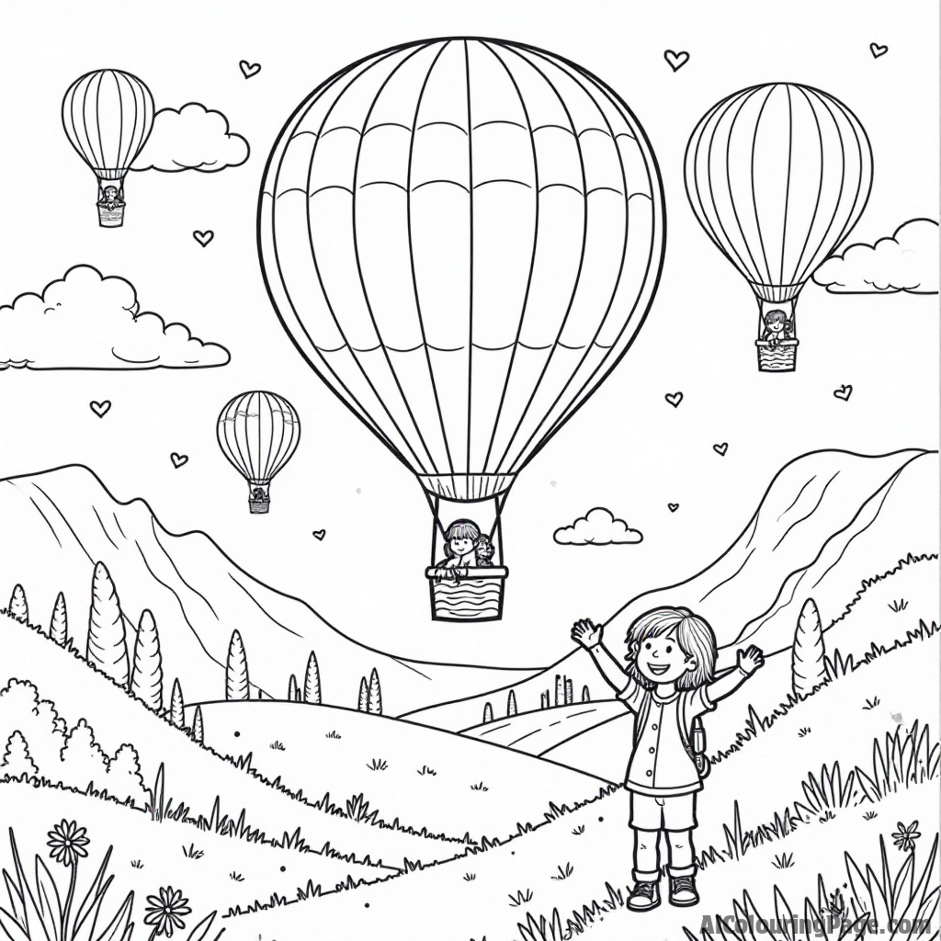 A vibrant hot air balloon festival in a sunny valley, featuring balloons shaped like animals, with cheerful children waving from below, perfect for an adventurous coloring experience.