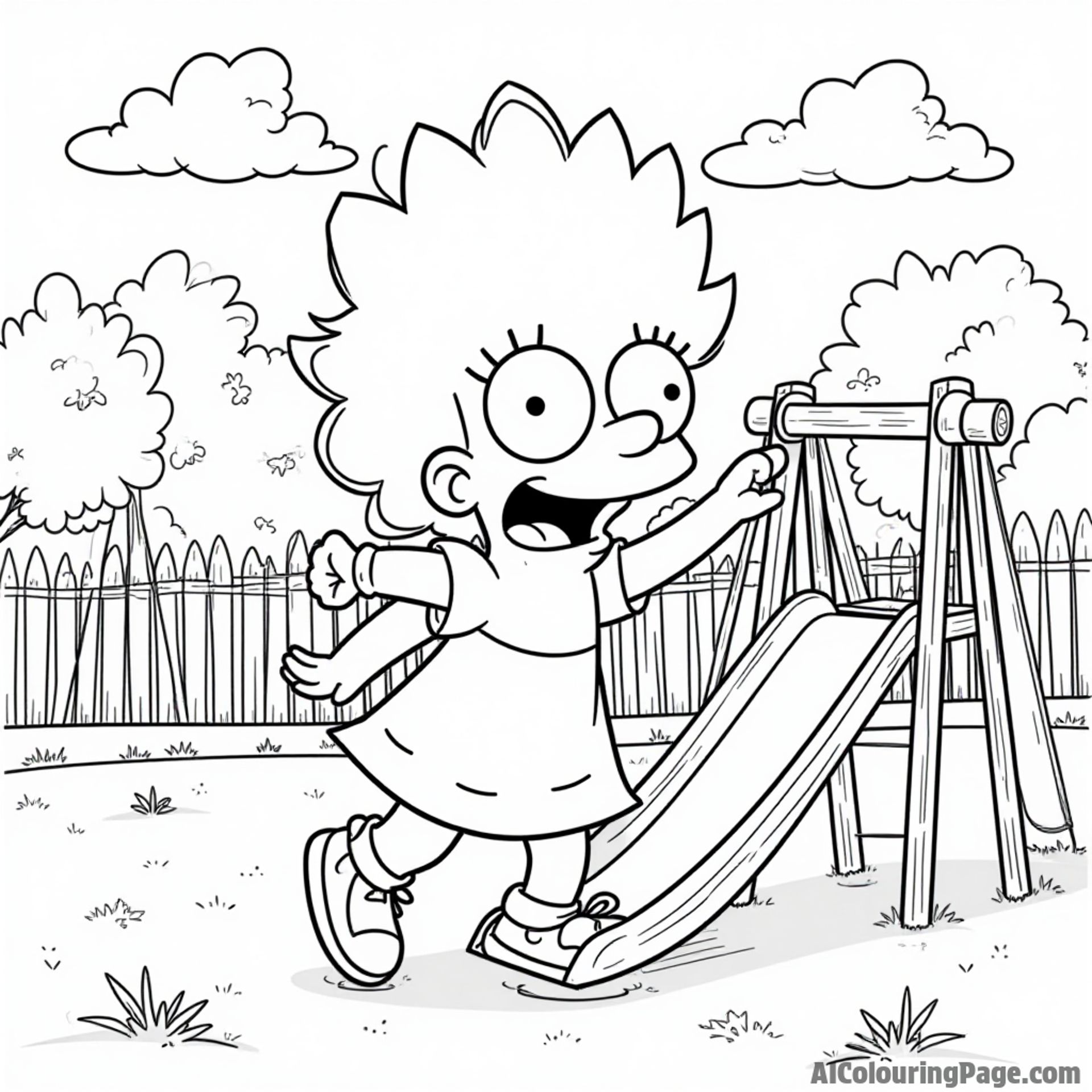 Maggie Simpson exploring a colorful playground, climbing on slides and swings with excitement in her innocent eyes.