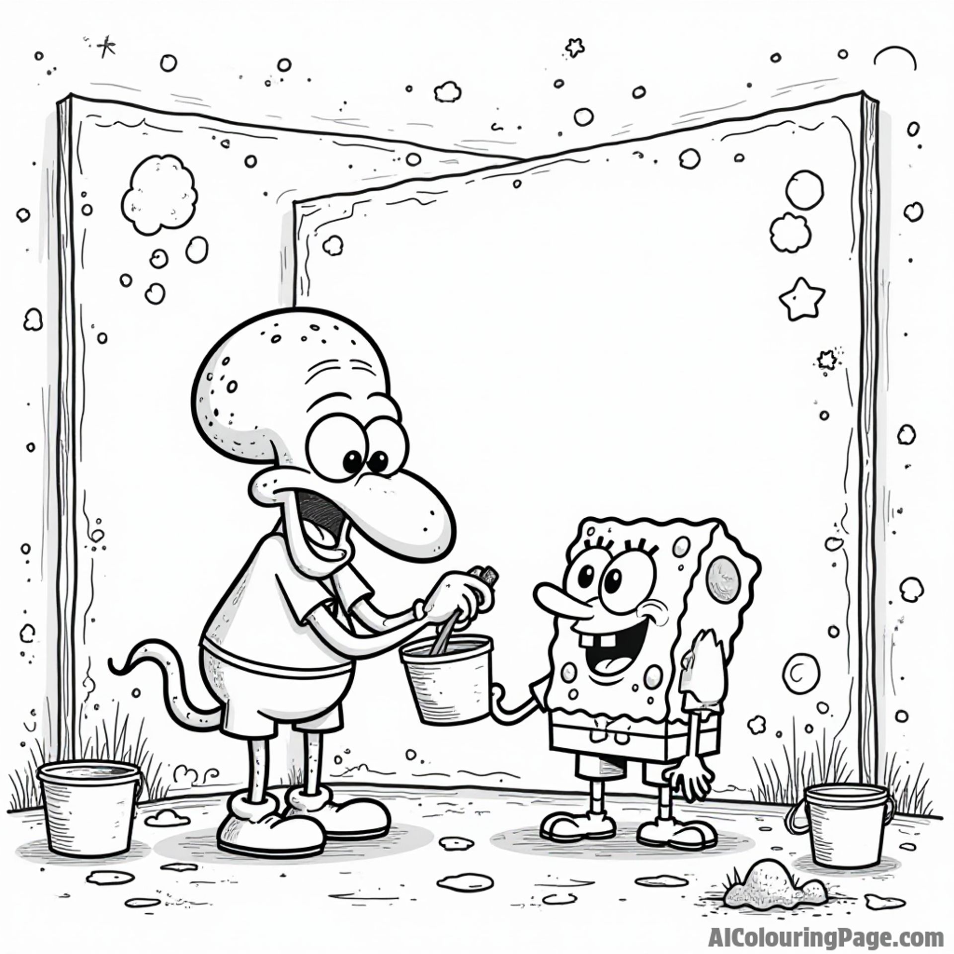 Squidward painting a giant mural in Bikini Bottom while SpongeBob and Patrick help him with messy paint buckets